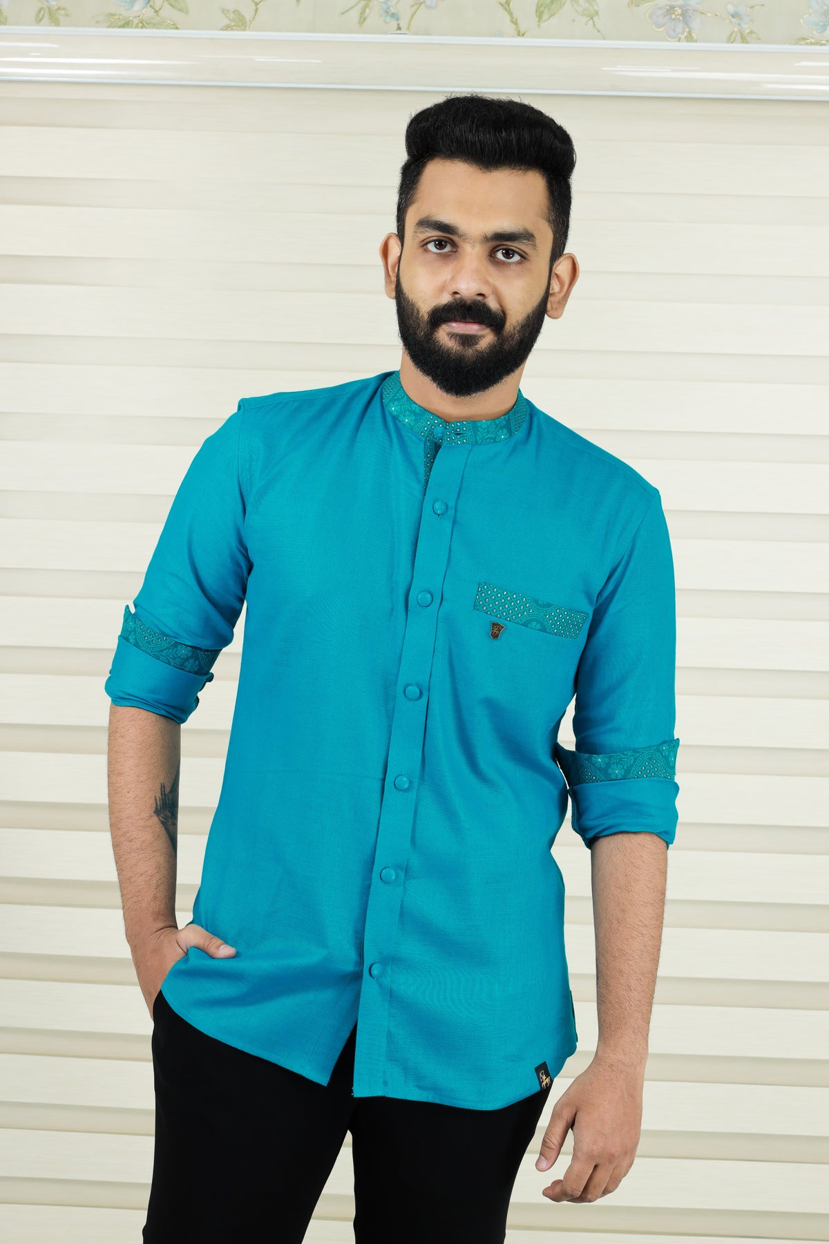 Teal Blue Chinese Collar Shirt with Graffiti Blue Detailing on Neck, Pocket & Sleeves (Only Shirt)