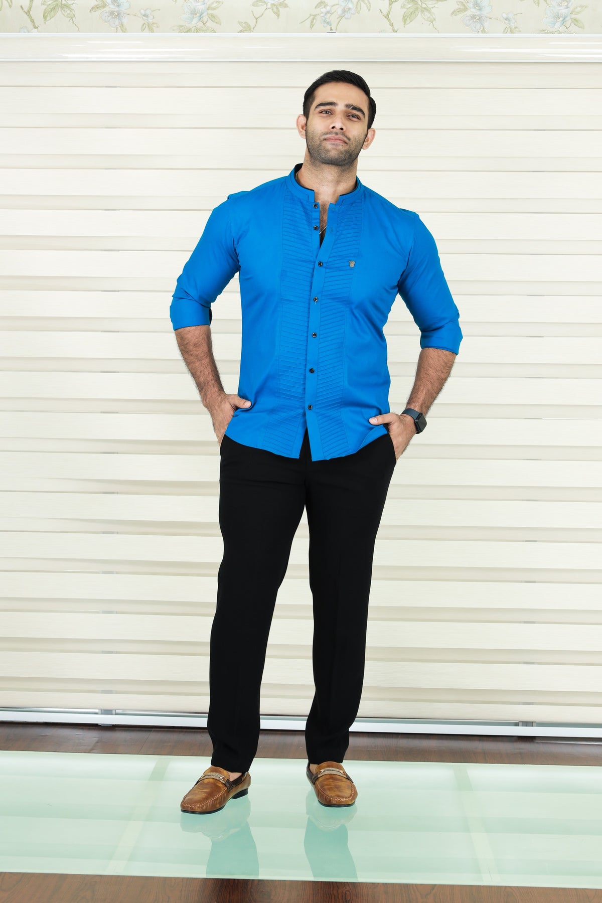 Saphire Blue Shirt with Diagonal Tucks Detailing (Shirt + Black Pants)