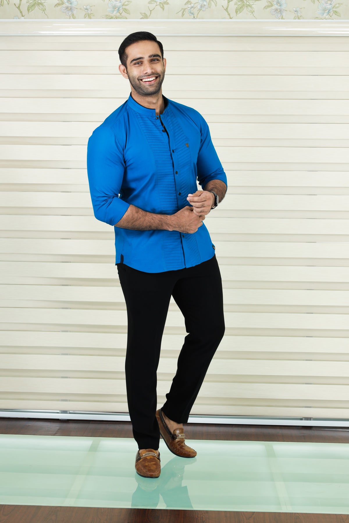 Saphire Blue Shirt with Diagonal Tucks Detailing (Only Shirt)