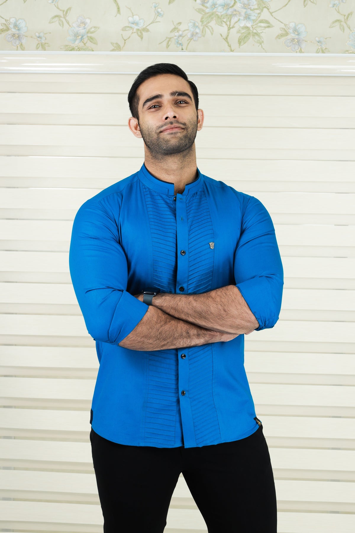 Saphire Blue Shirt with Diagonal Tucks Detailing (Shirt + Black Pants)