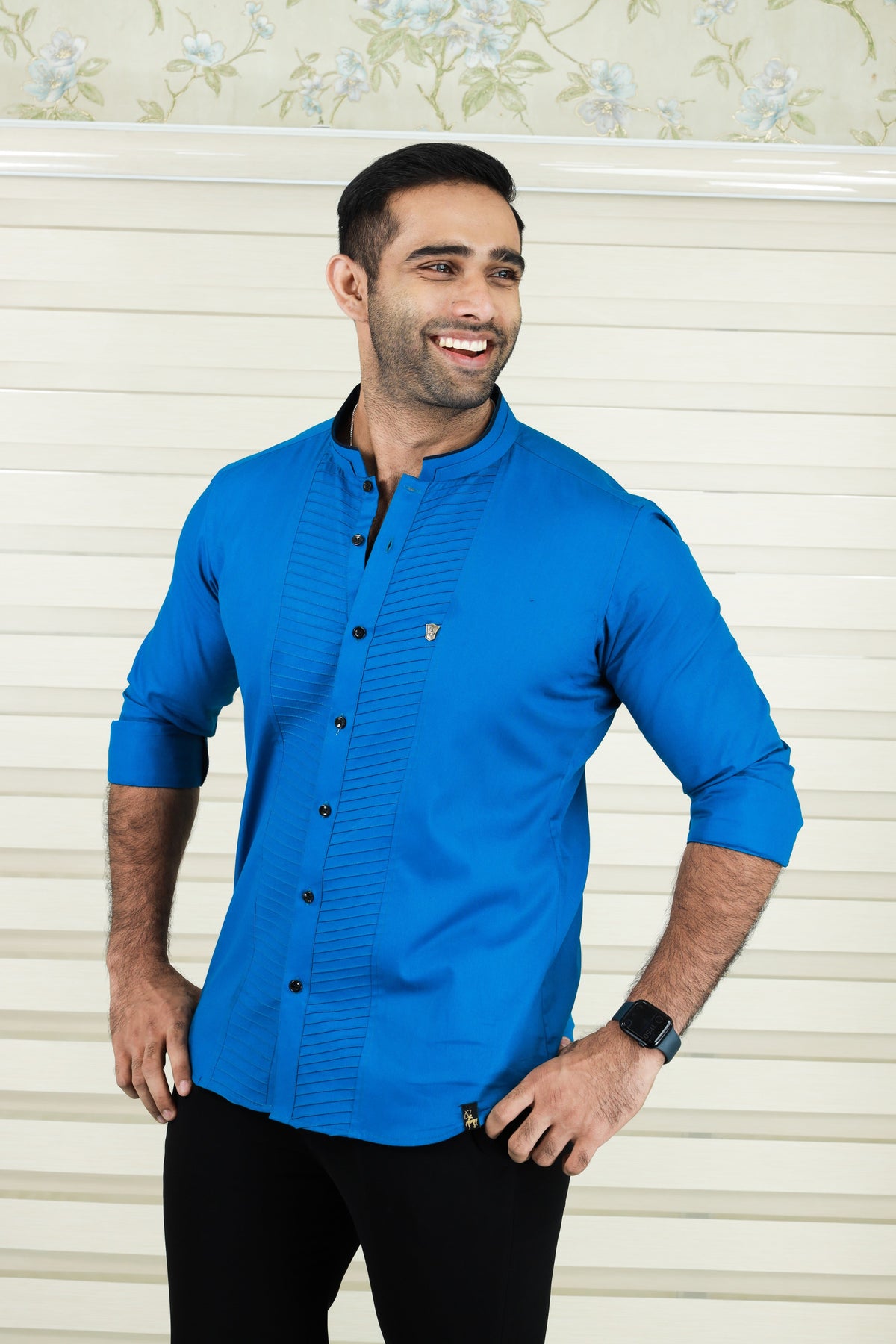 Saphire Blue Shirt with Diagonal Tucks Detailing (Shirt + Black Pants)