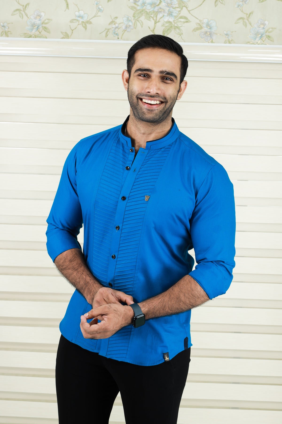 Saphire Blue Shirt with Diagonal Tucks Detailing (Shirt + Black Pants)