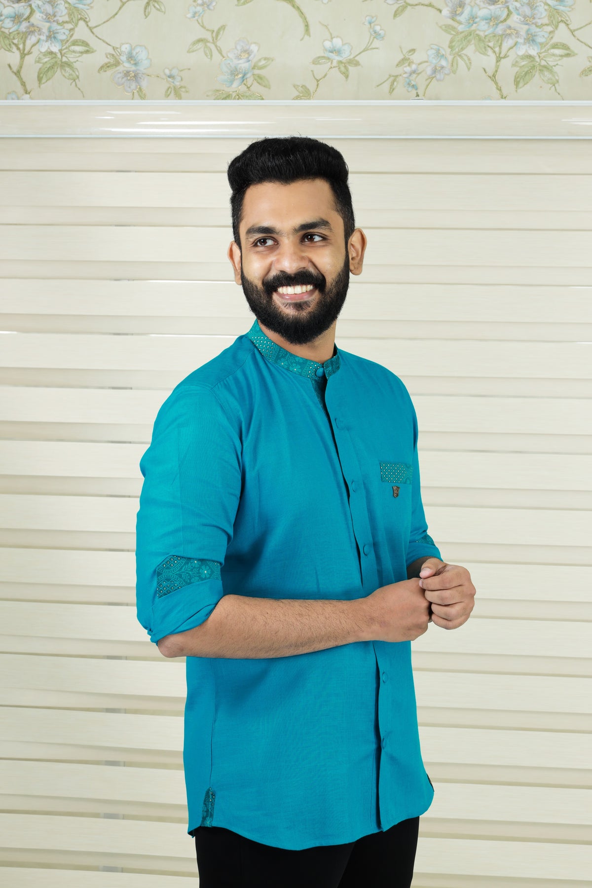 Teal Blue Chinese Collar Shirt with Graffiti Blue Detailing on Neck, Pocket & Sleeves (Only Shirt)