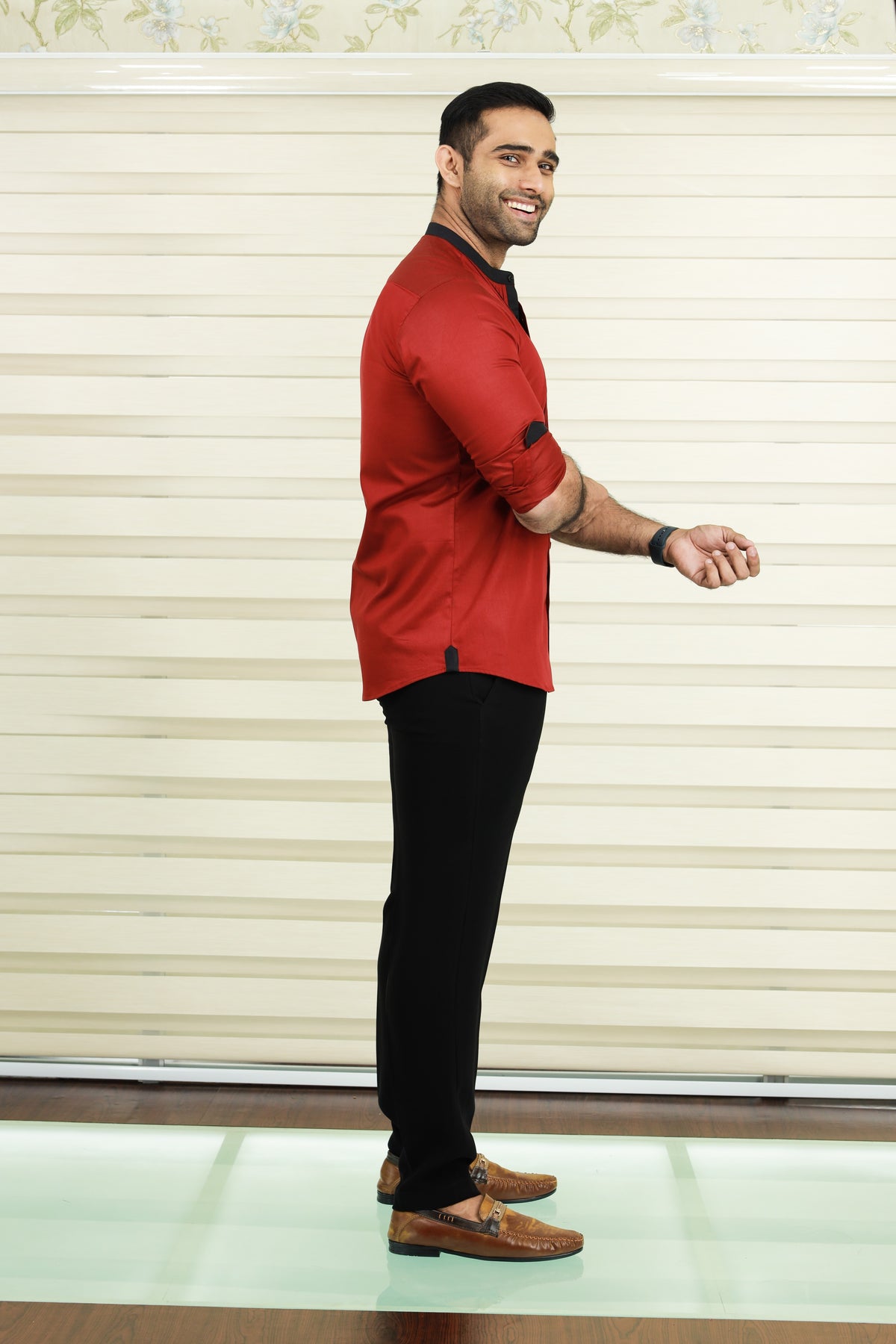 Cherry Red Vertical Pleated Shirt with Black Detailing on Neck, Cuff & Placket (Only Shirt)