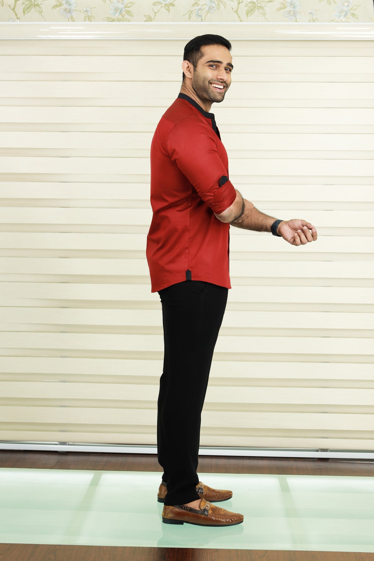 Cherry Red Vertical Pleated Shirt with Black Detailing on Neck, Cuff & Placket (Shirt + Black Pants)