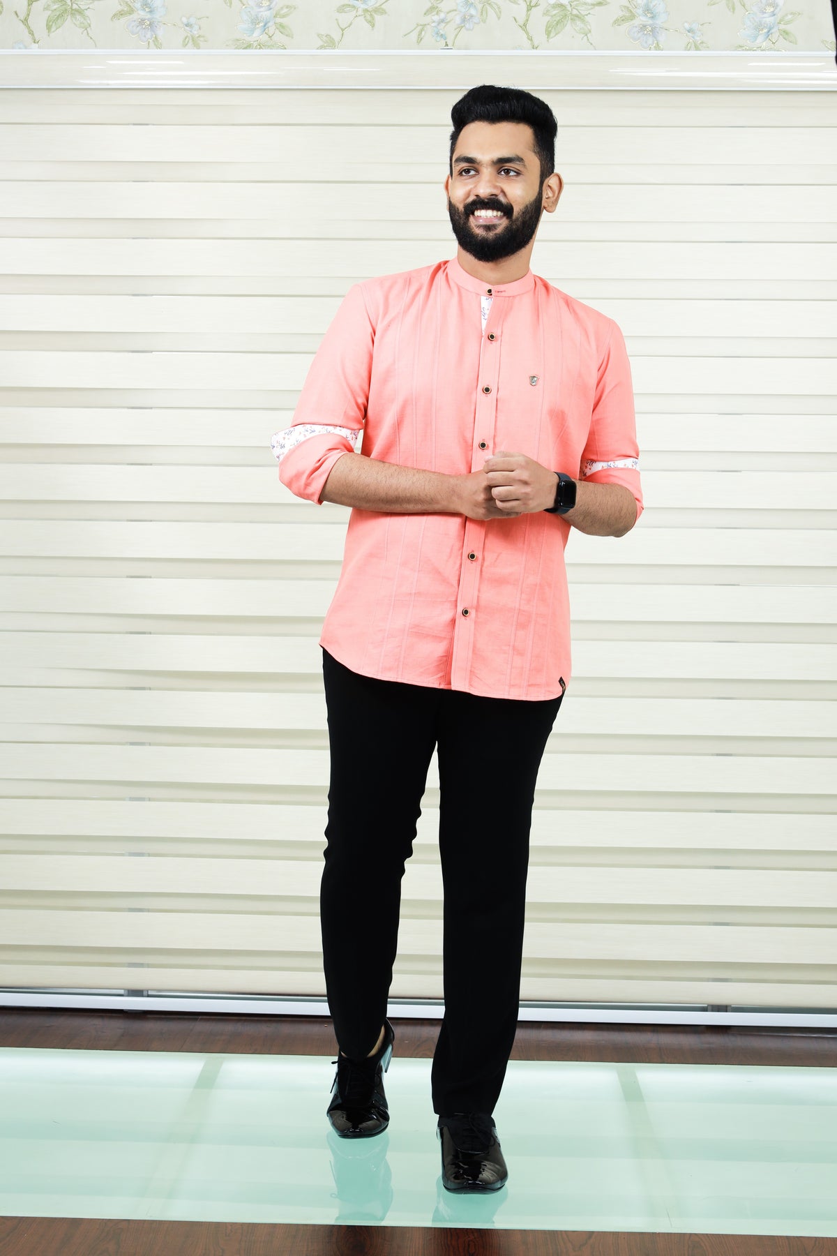 Peach Chinese Collar Linen Shirt with Print Detailing on Neck, Placket & Sleeves (Only Shirt)