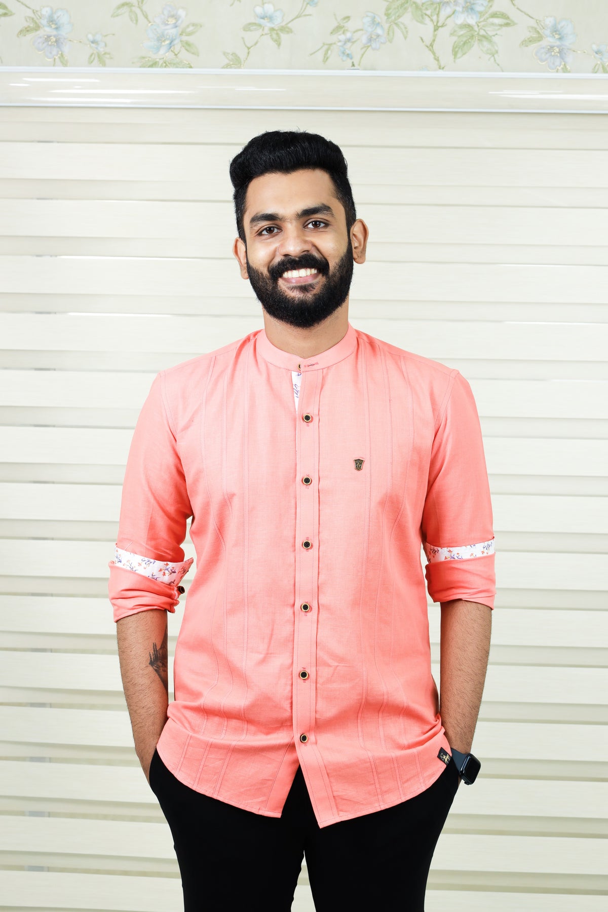 Peach Chinese Collar Linen Shirt with Print Detailing on Neck, Placket & Sleeves (Only Shirt)