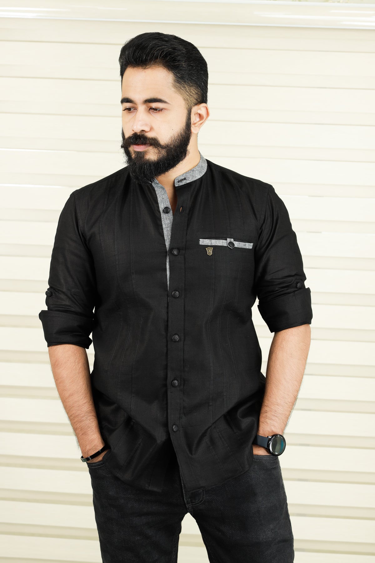 Jet Black Linen Shirt with Grey Contrast Detail on Neck, Placket & Pocket (Only Shirt)