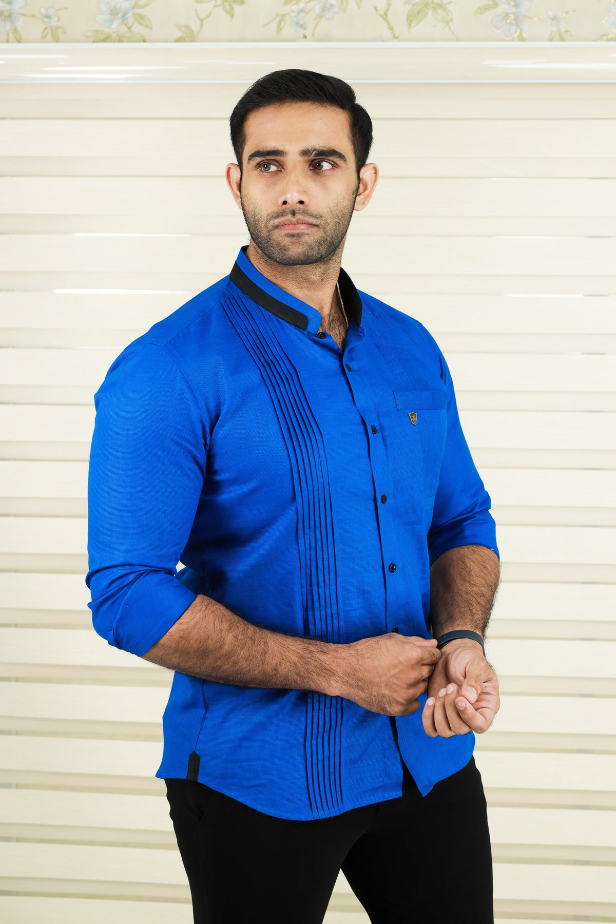Cobalt Blue Shirt with Vertical Pleat Detail (Shirt + Black Pants)