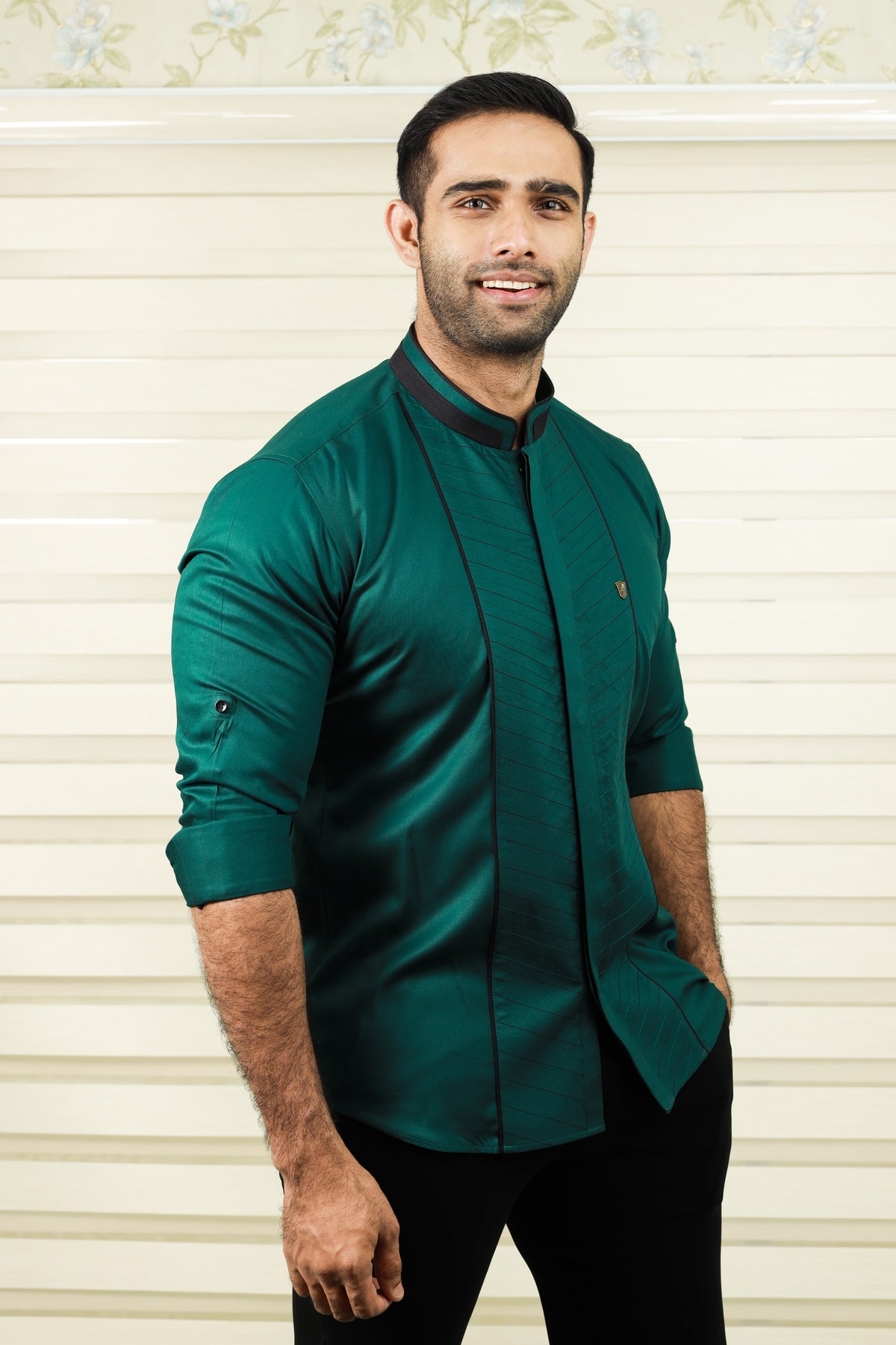 Castleton Green Shirt with Diagonal Tucks With Black Contrast Stitch Detailing (Only Shirt)