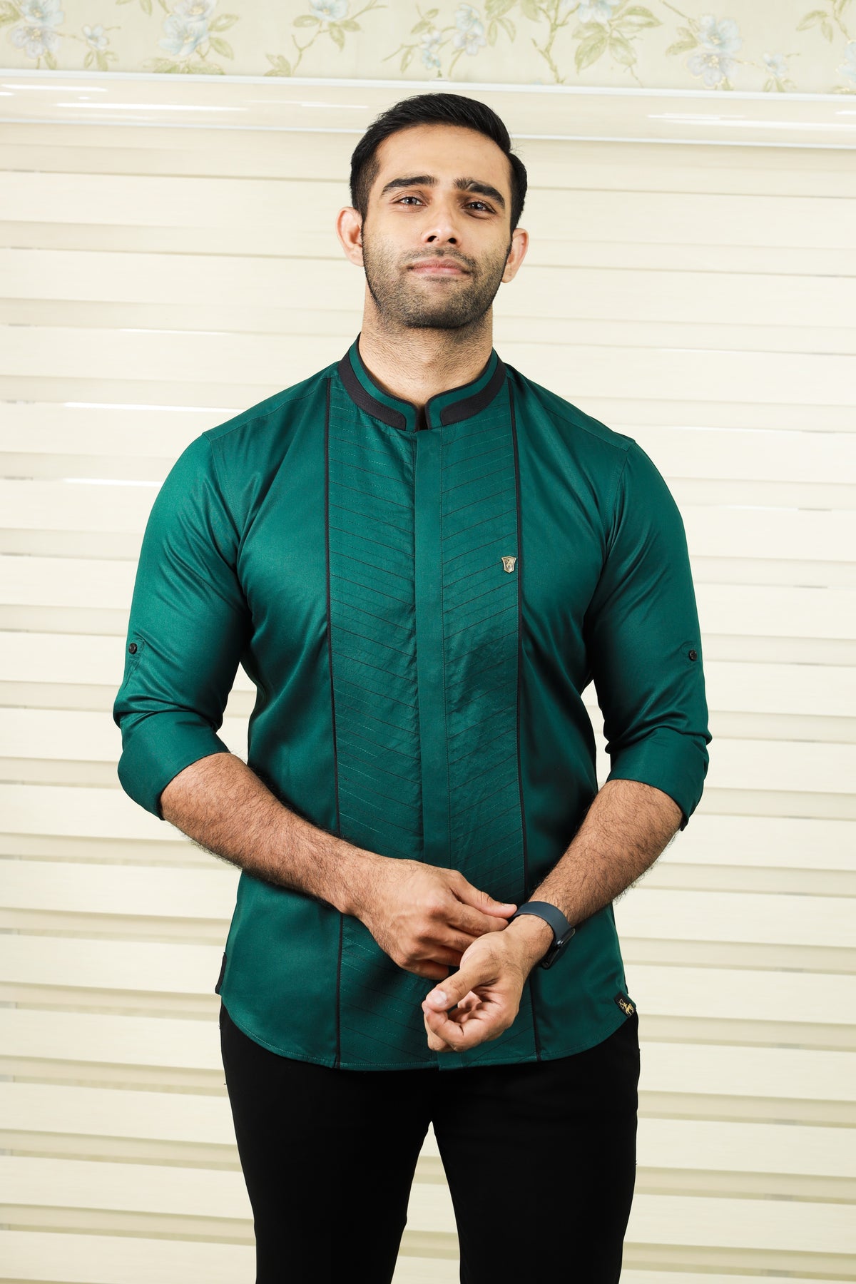 Castleton Green Shirt with Diagonal Tucks With Black Contrast Stitch Detailing (Only Shirt)