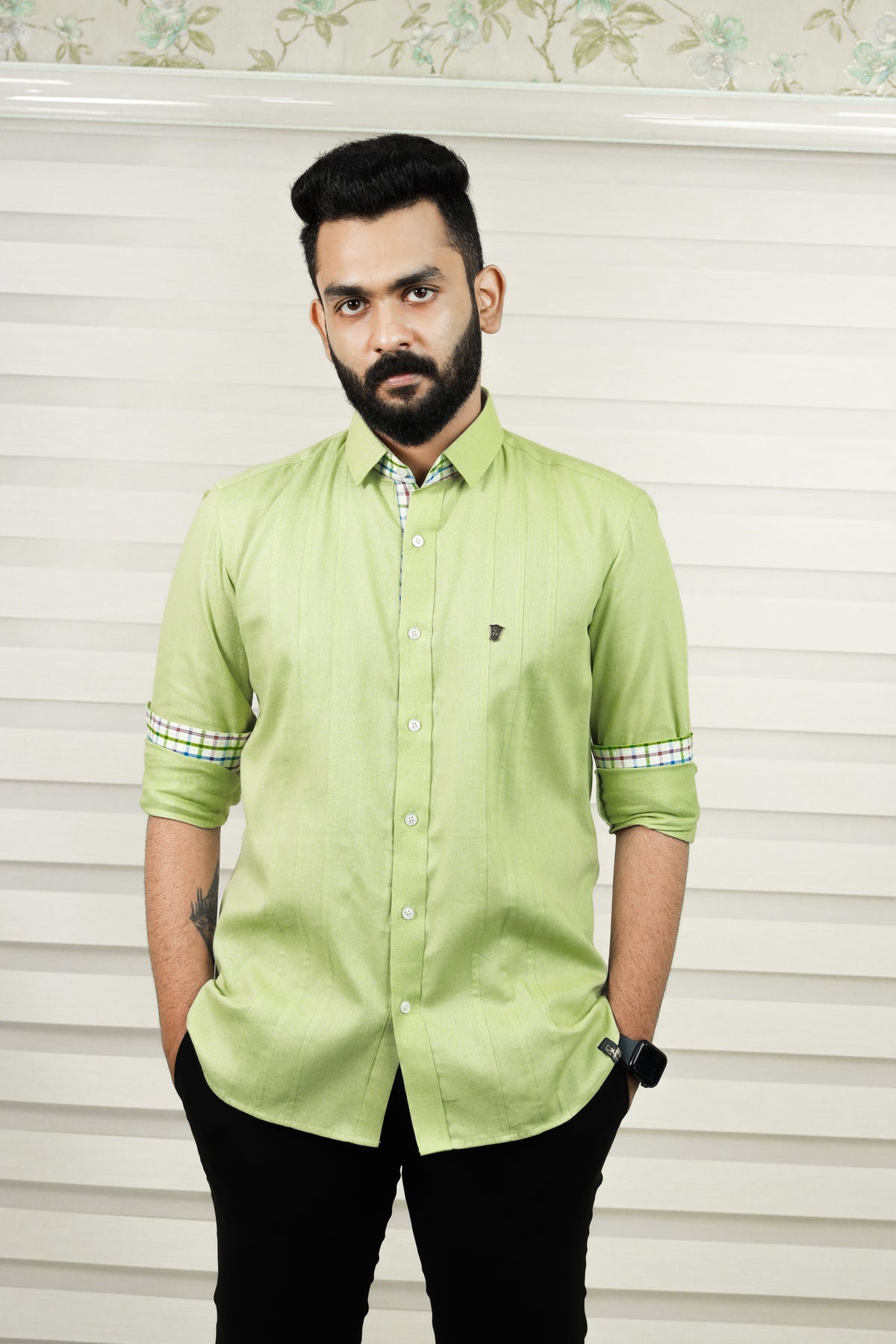 Pista Green Cutaway Collar Shirt With Check Detailing on Placket & Cuff (Only Shirt)
