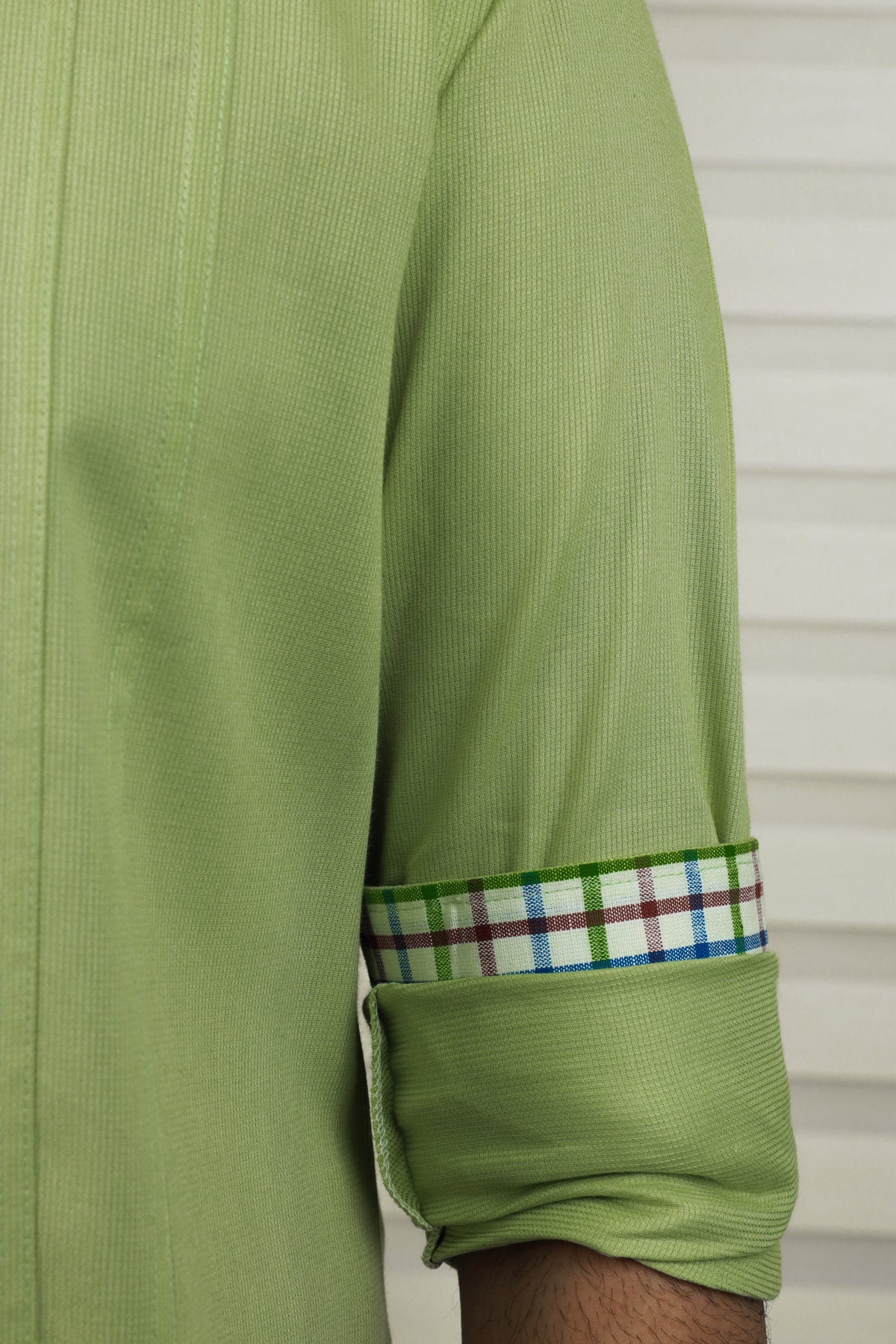 Pista Green Cutaway Collar Shirt With Check Detailing on Placket & Cuff (Only Shirt)