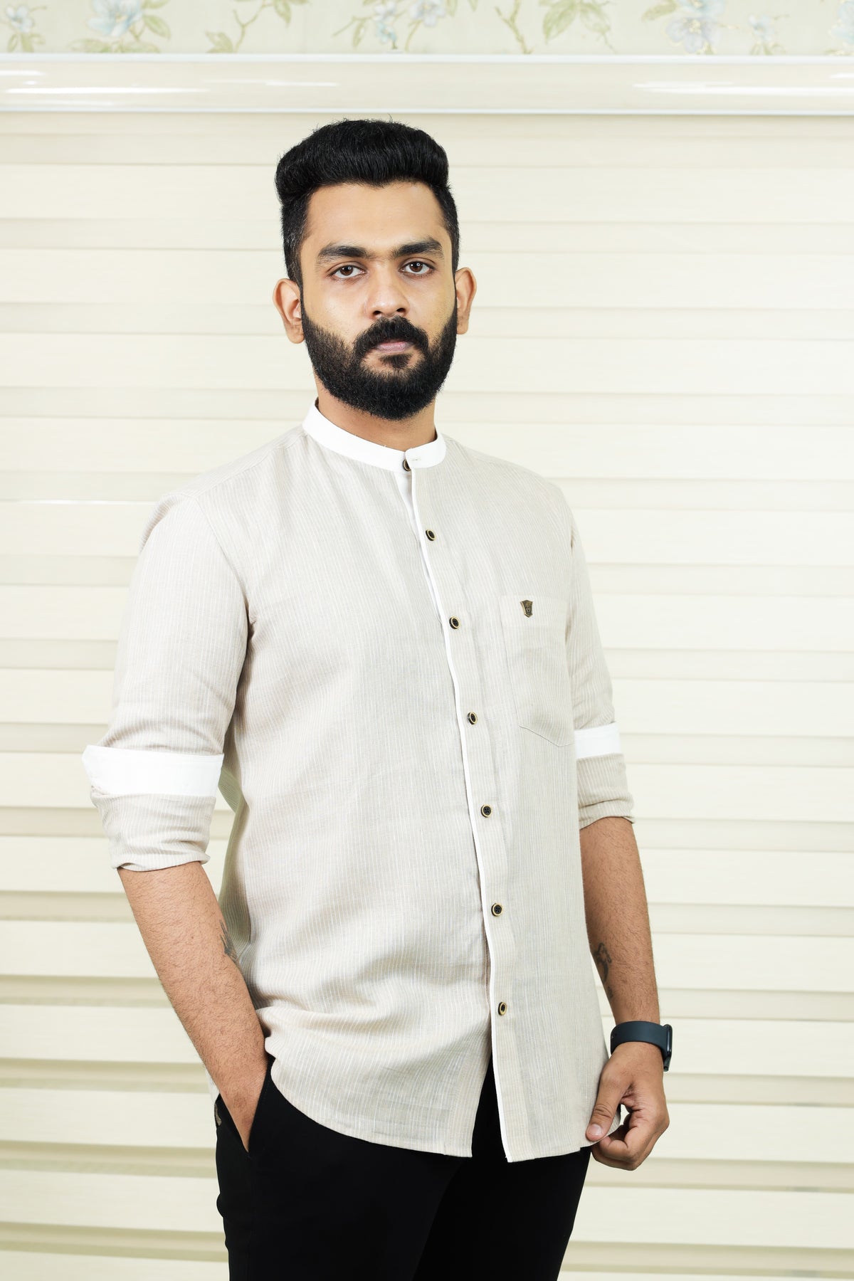 Stone Biege Chinese Collar Shirt White Contrast Detailing on Neck, Placket & Cuff (Only Shirt)