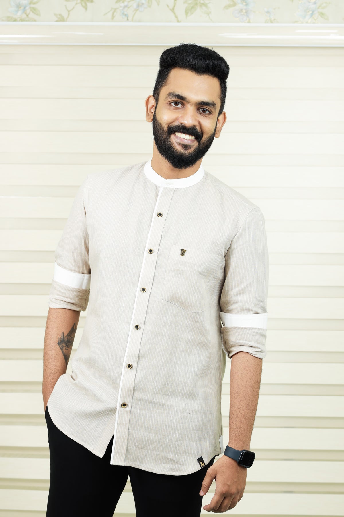 Stone Biege Chinese Collar Shirt White Contrast Detailing on Neck, Placket & Cuff (Only Shirt)