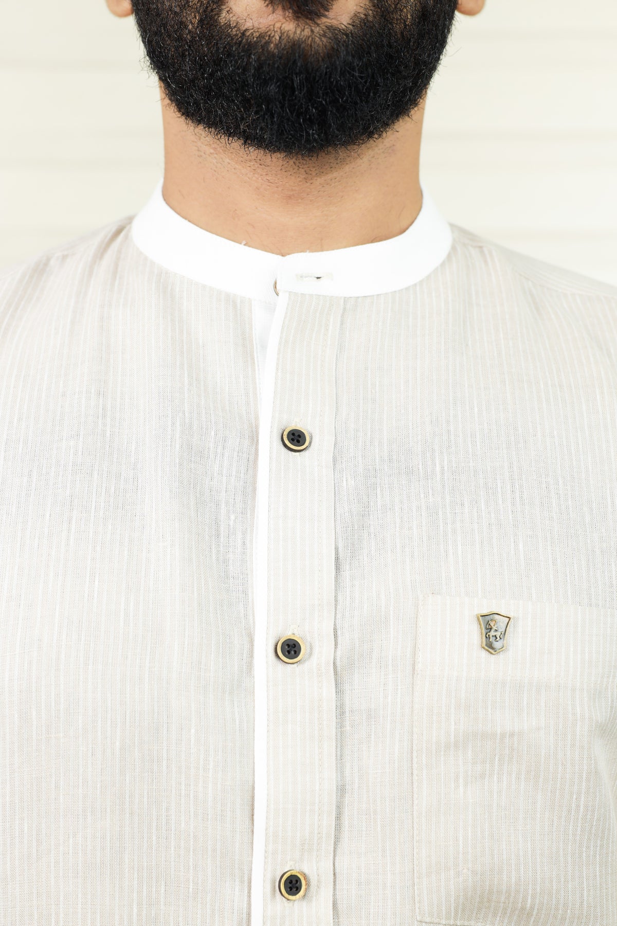 Stone Biege Chinese Collar Shirt White Contrast Detailing on Neck, Placket & Cuff (Only Shirt)
