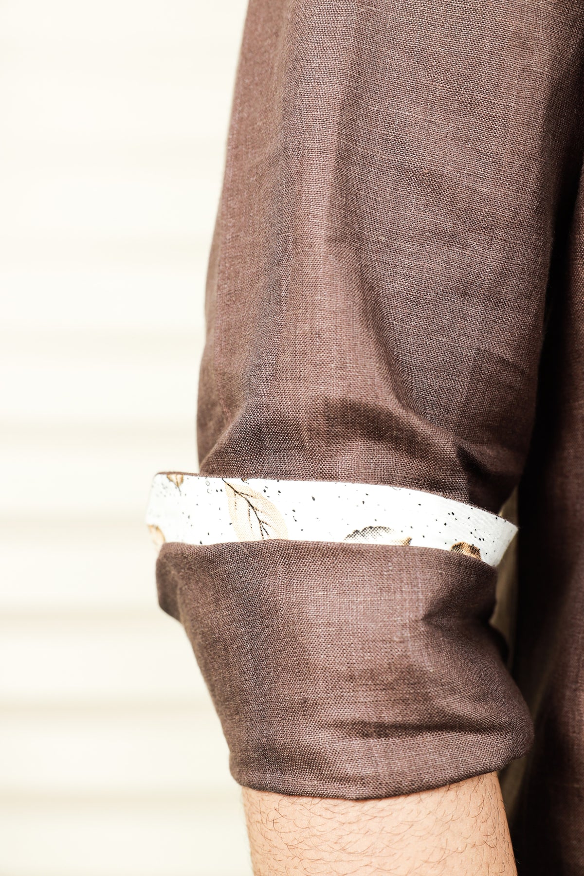 Coffee Brown Chinese Collar Kinen Shirt with Print Detailing on Placket & Cuff (Only Shirt)