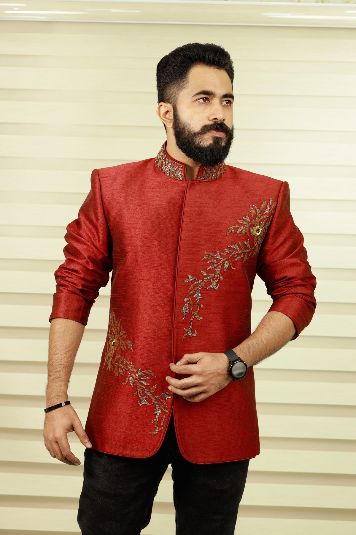Maroon Red Indo Western Bandhgala Suit with Golden Handwork Detailing paired Black Narrow Pants (Set of 2)