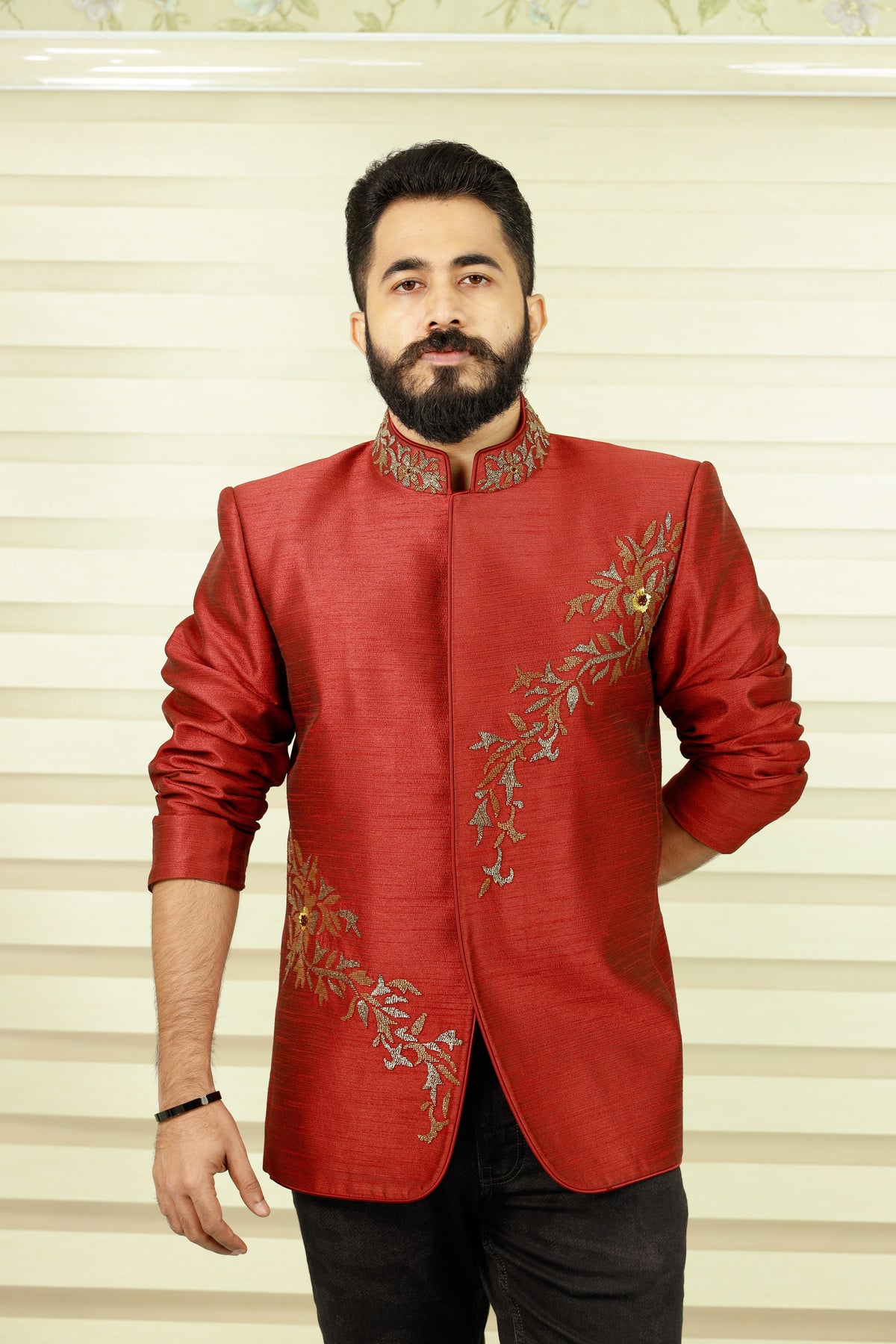 Maroon Red Indo Western Bandhgala Suit with Golden Handwork Detailing paired Black Narrow Pants (Set of 2)