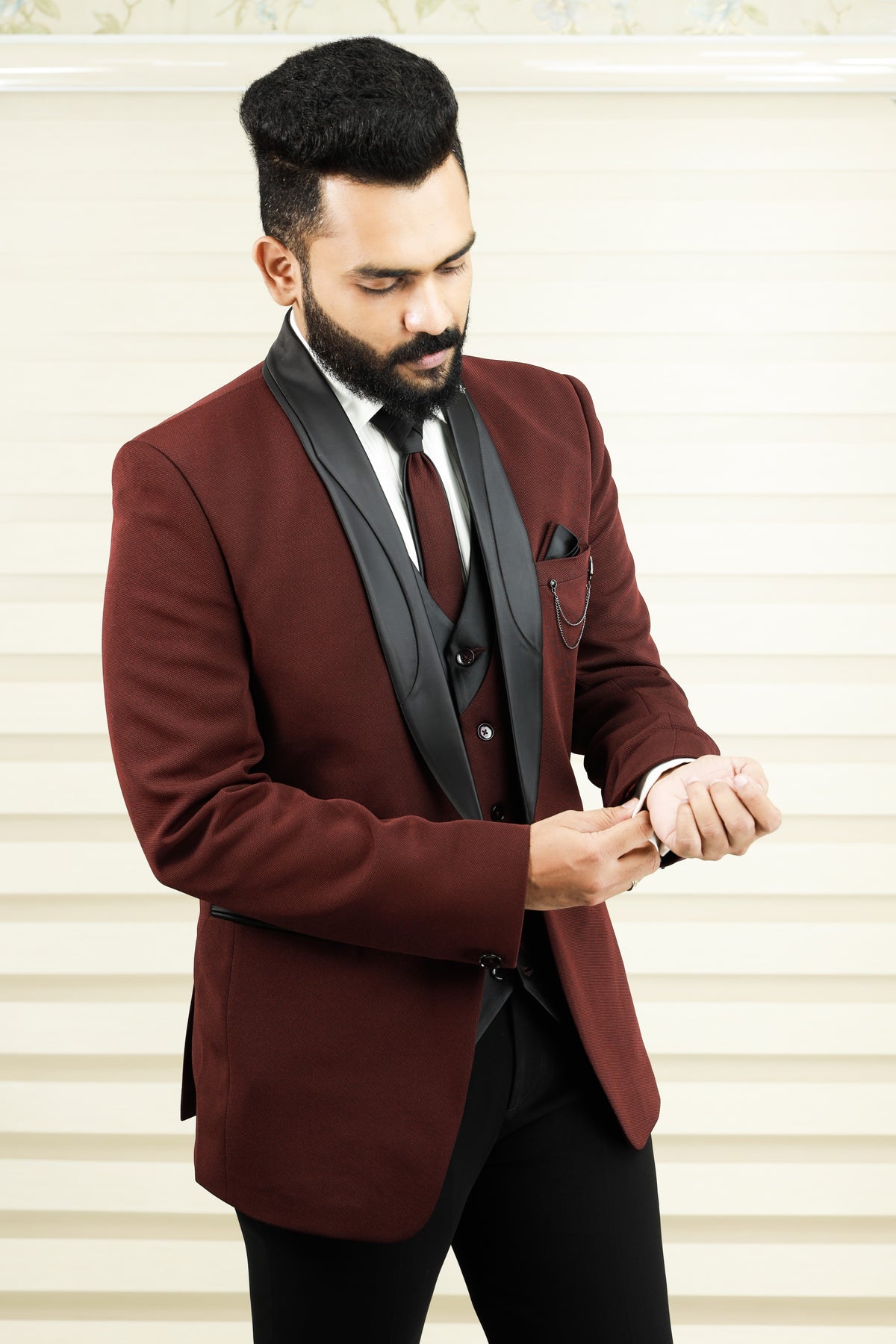 Mahogony Red 3 Piece Tuxedo Suit with Black Contrast Waistcoat & Pants (Set of 4)