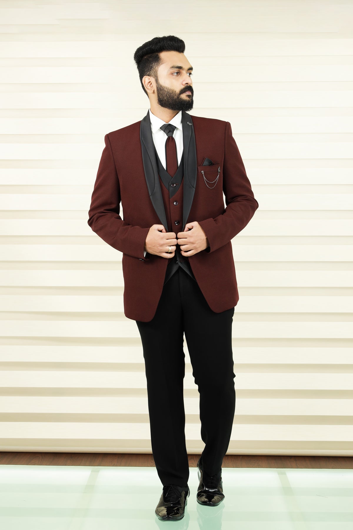 Mahogony Red 3 Piece Tuxedo Suit with Black Contrast Waistcoat & Pants (Set of 4)