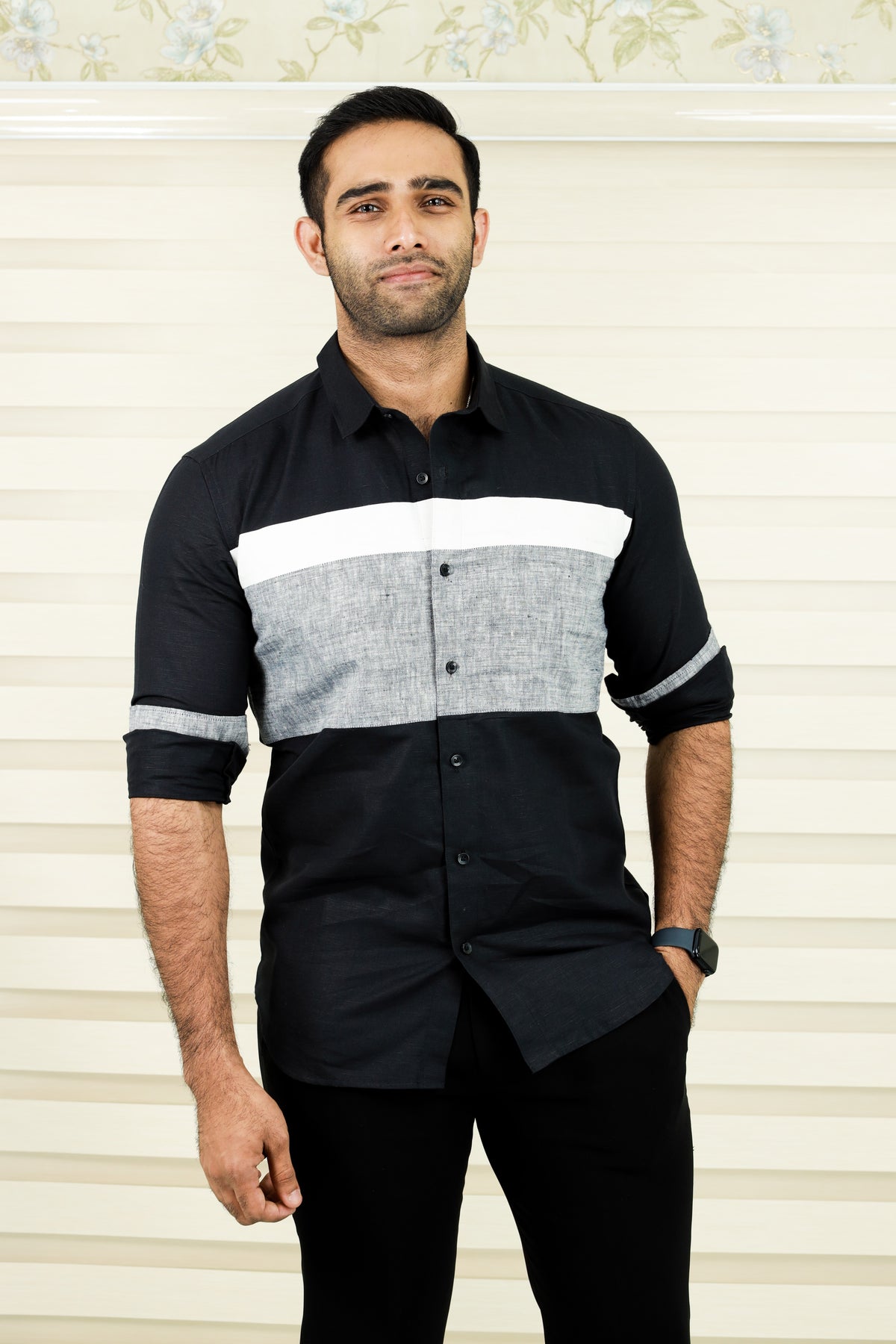 Jet Black Multi Tone Cutaway Collar Designer Linen Shirt (Only Shirt)