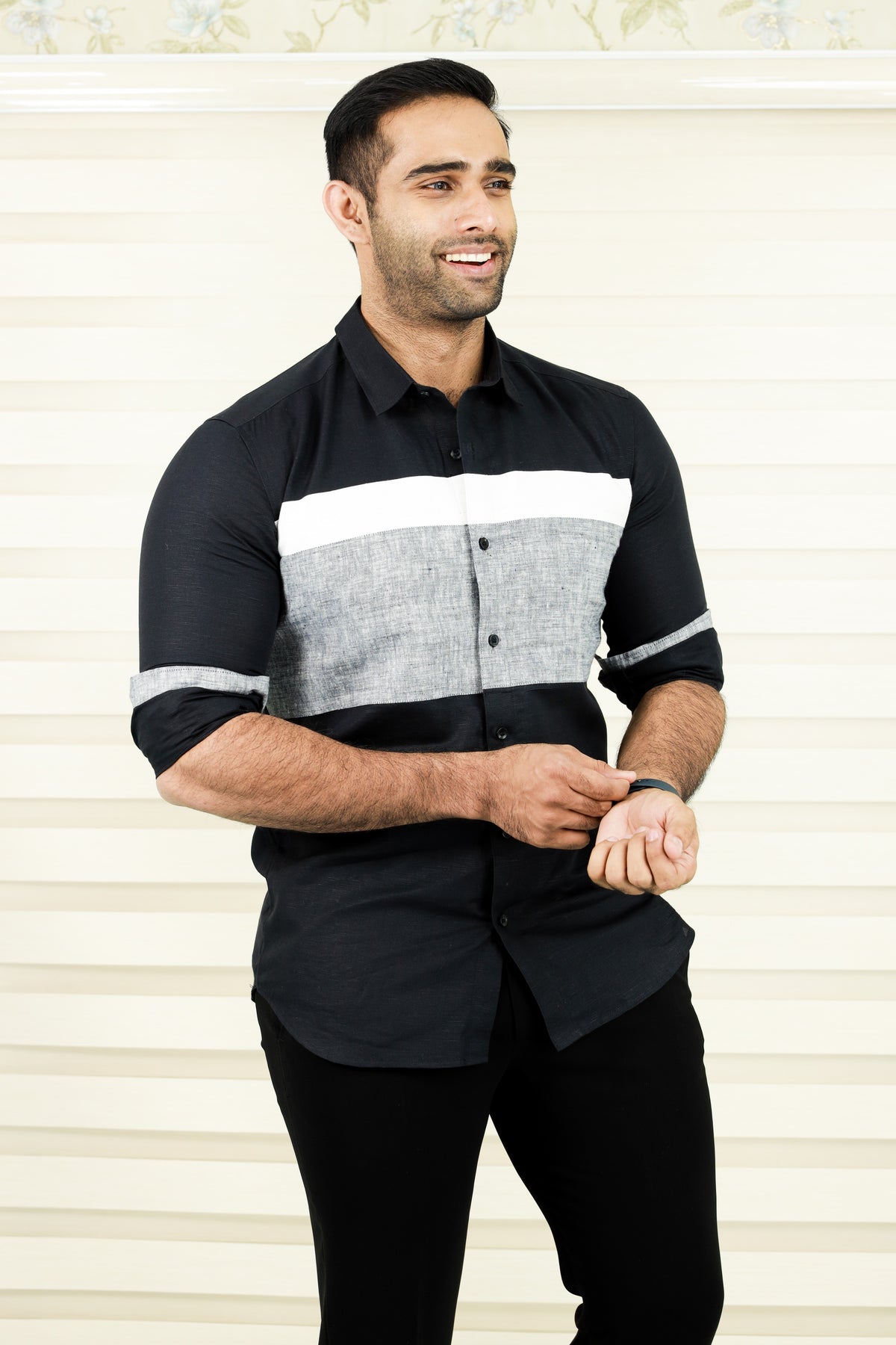Jet Black Multi Tone Cutaway Collar Designer Linen Shirt (Only Shirt)