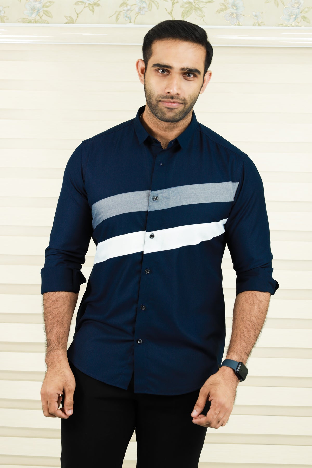 Oxford Blue Cutaway Collar Shirt with Diagonal Pattern Cut (Only Shirt)