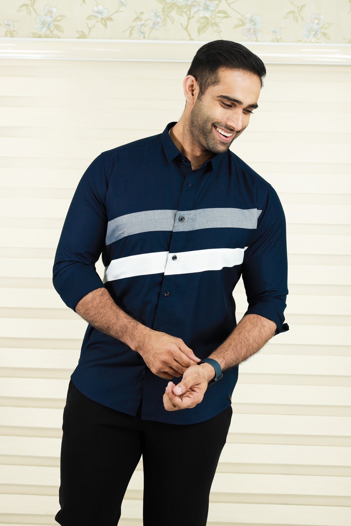 Oxford Blue Cutaway Collar Shirt with Diagonal Pattern Cut (Only Shirt)