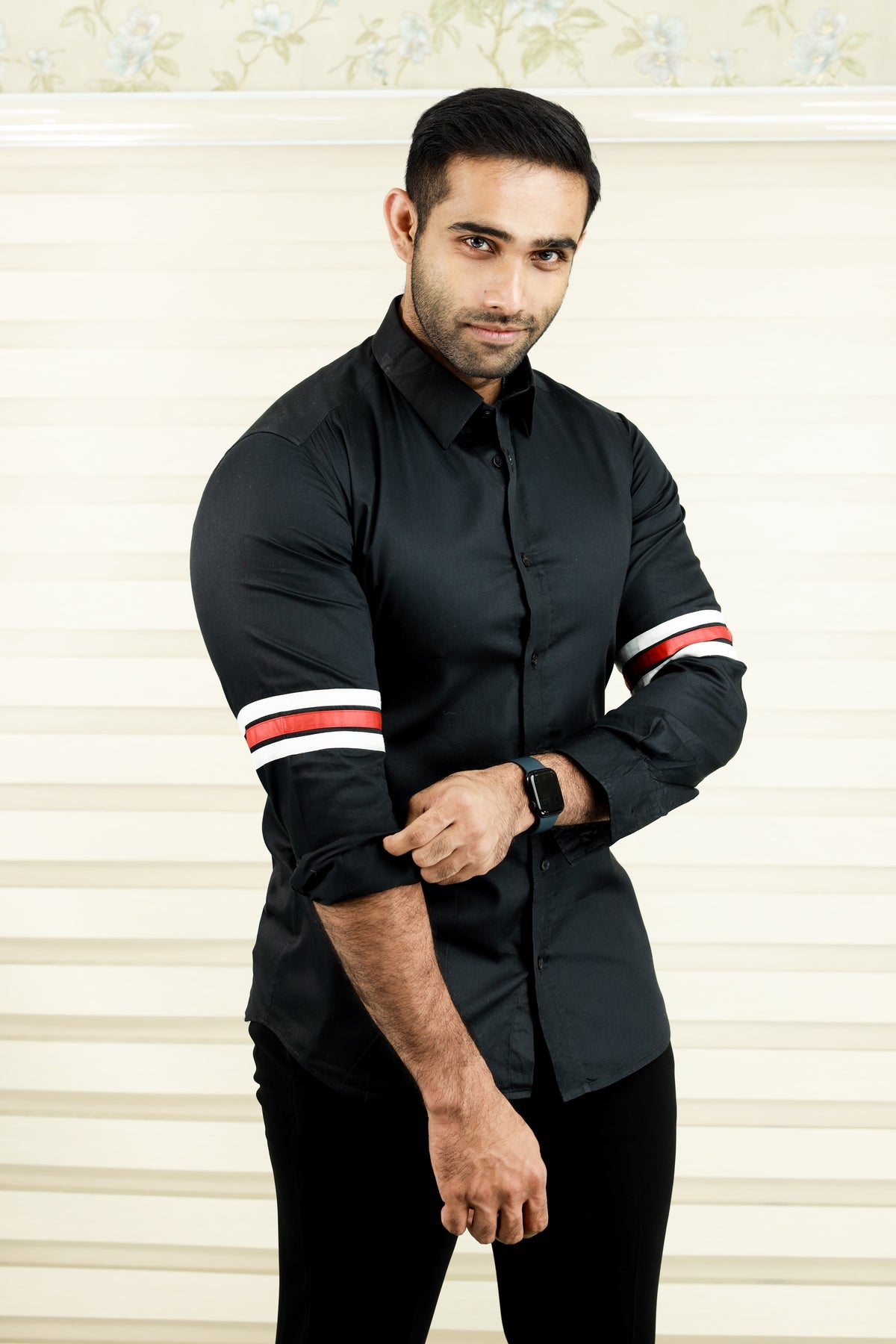 Onyx Black Cutaway Collar Shirt with Sleeve Detailing in White & Red (Only Shirt)