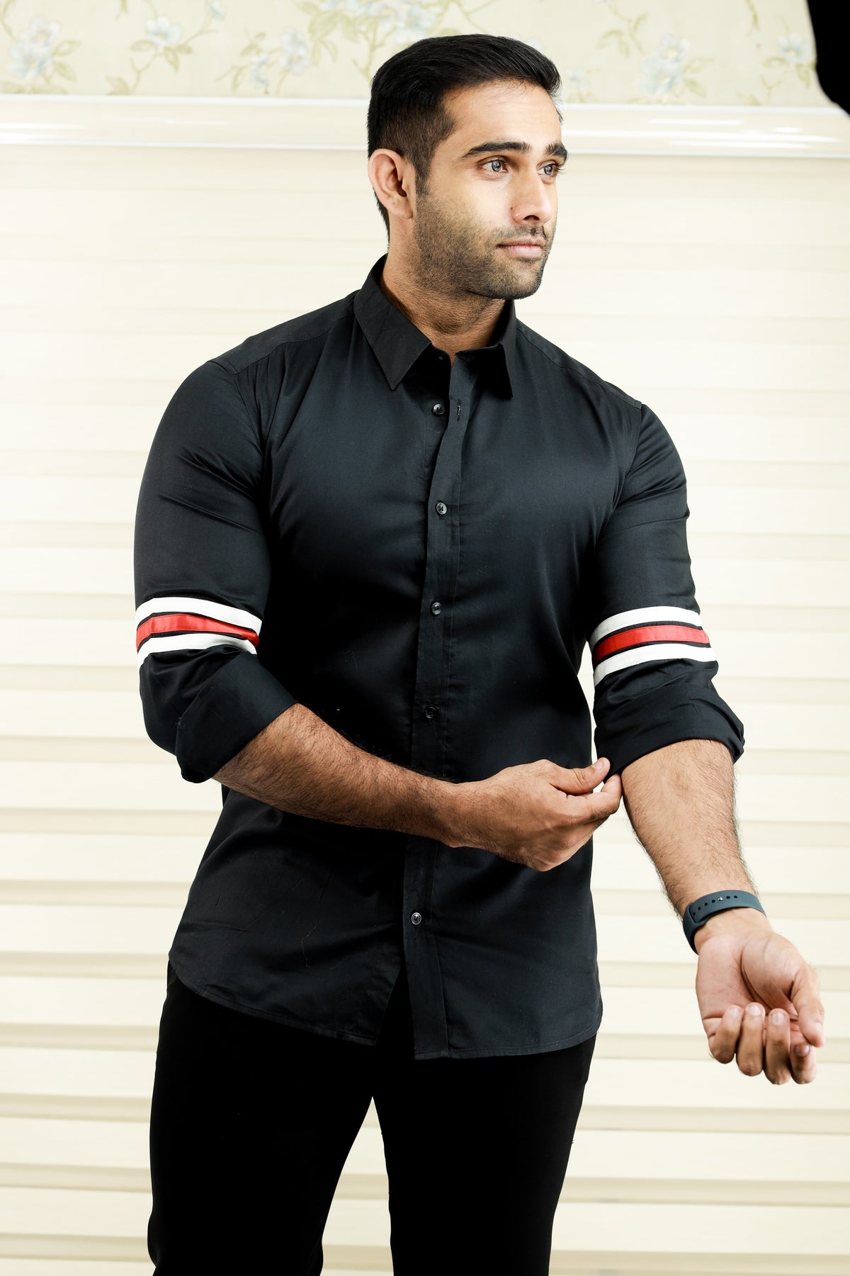 Onyx Black Cutaway Collar Shirt with Sleeve Detailing in White & Red (Only Shirt)