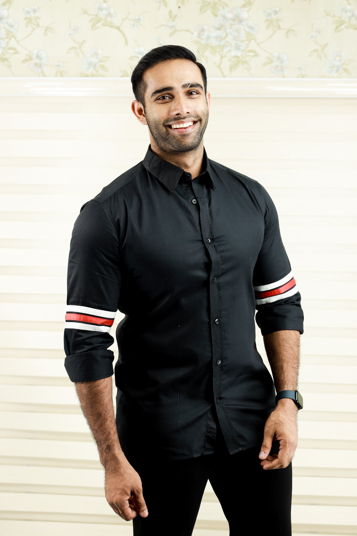 Onyx Black Cutaway Collar Shirt with Sleeve Detailing in White & Red (Only Shirt)