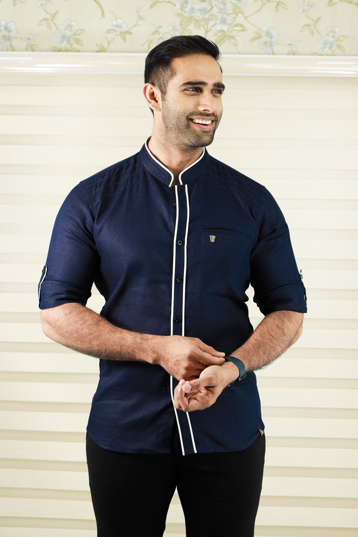 Dark Blue Shirt with White Contrast Detailing on Neck & Placket (Shirt + Black Pants)