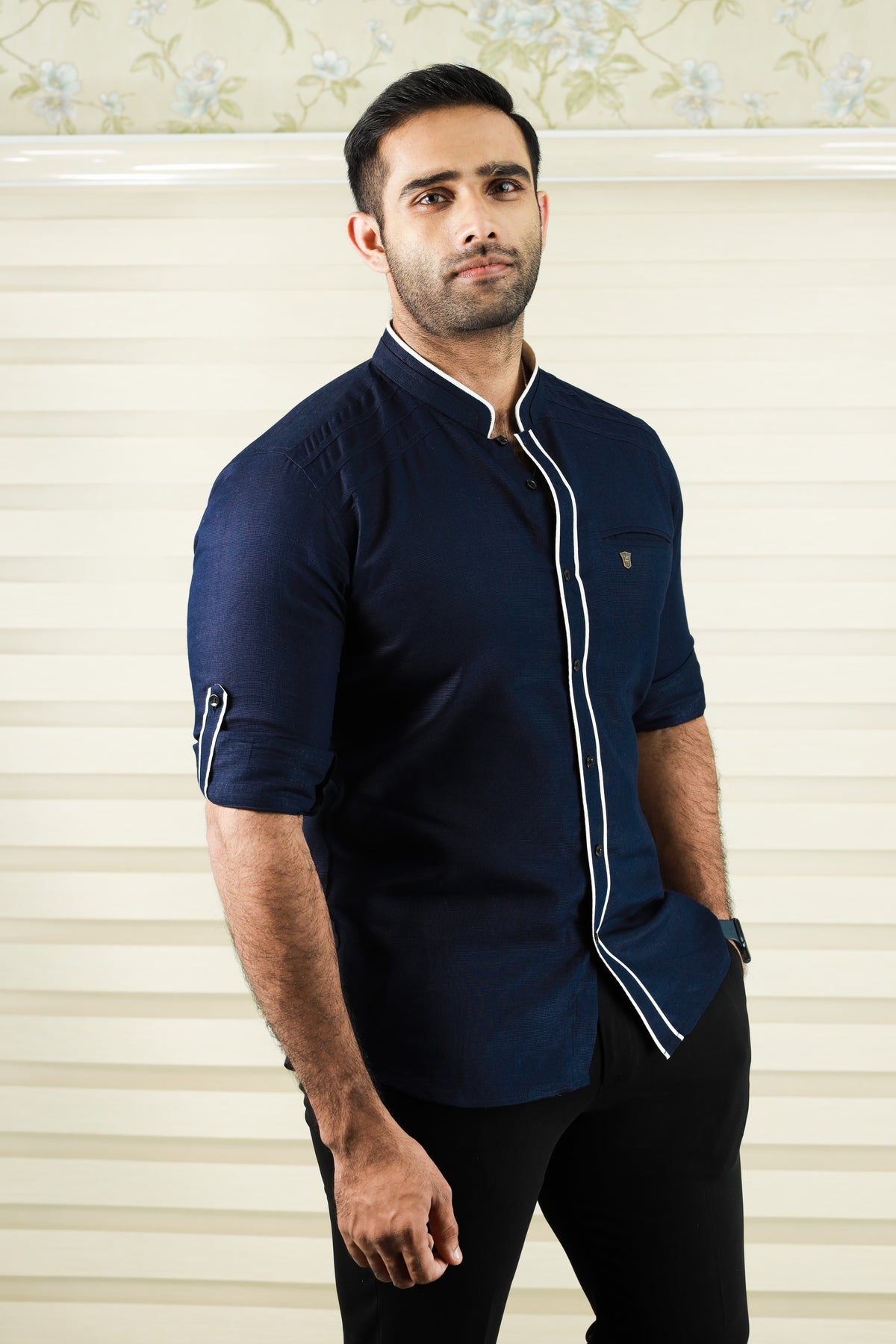 Dark Blue Shirt with White Contrast Detailing on Neck & Placket (Shirt + Black Pants)