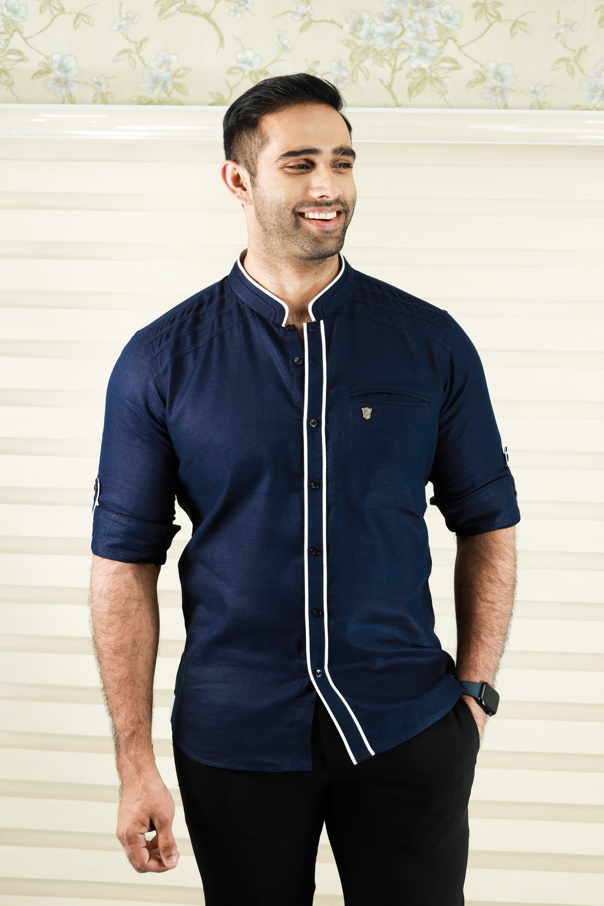 Dark Blue Shirt with White Contrast Detailing on Neck & Placket (Only Shirt)