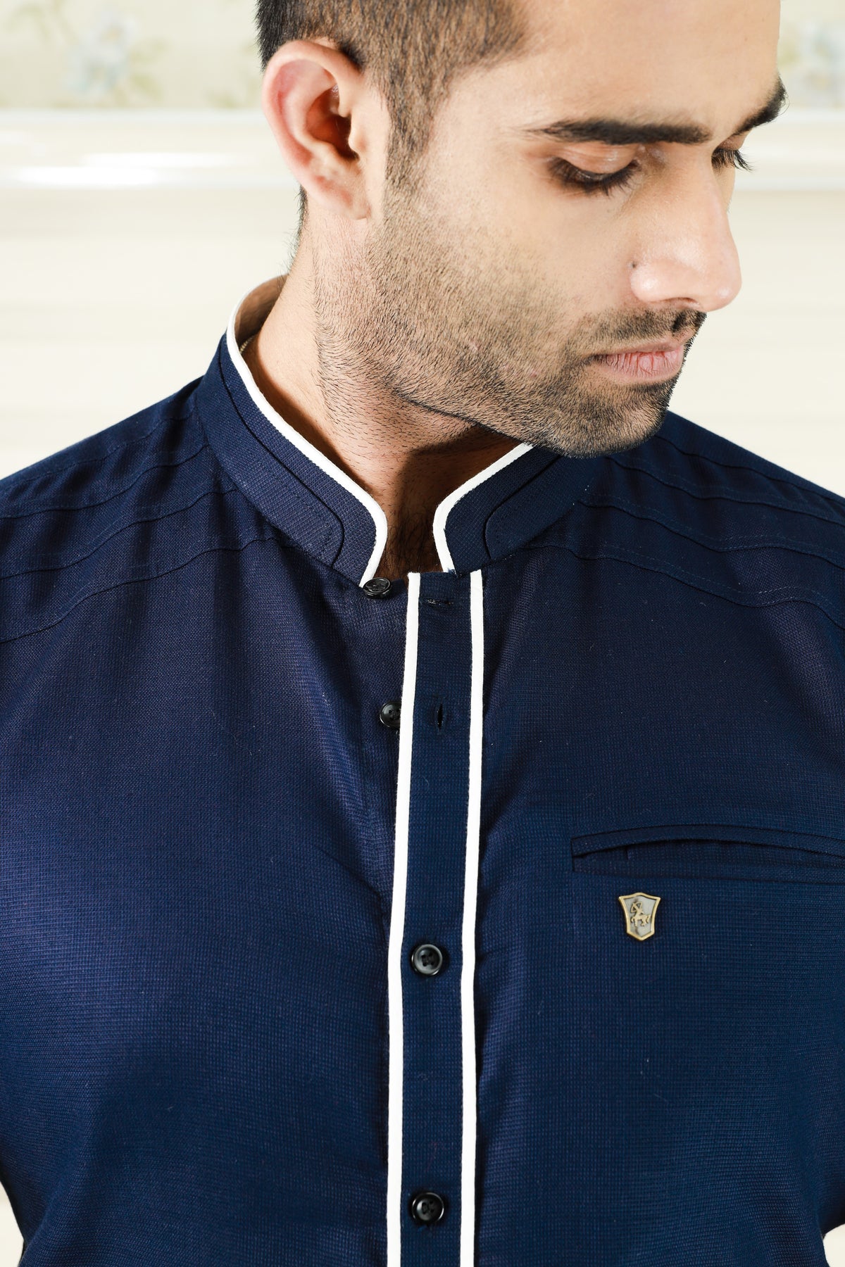 Dark Blue Shirt with White Contrast Detailing on Neck & Placket (Only Shirt)