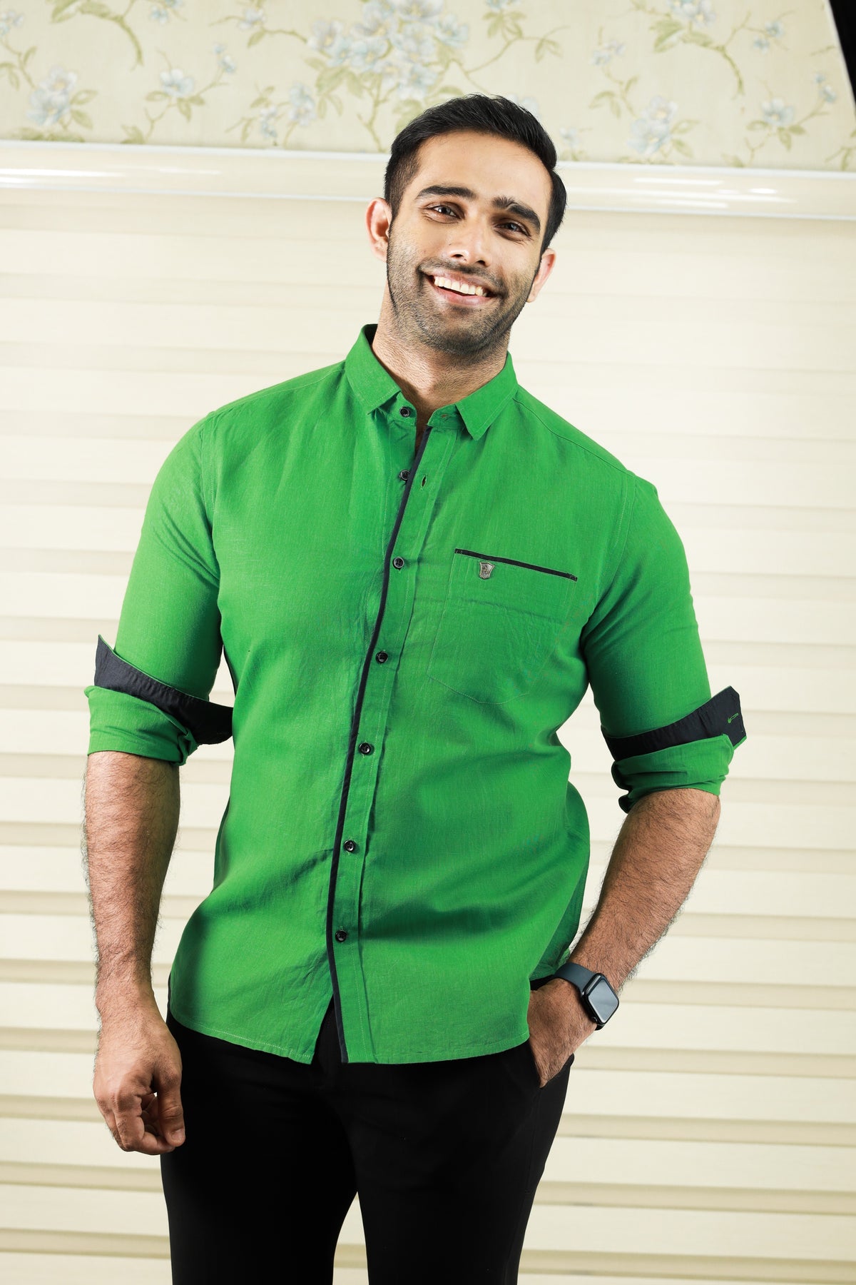 Forest Green Cutaway Collar Shirt with Balck Contrast detailing on Placket, Pocket & Cuff (Only Shirt)