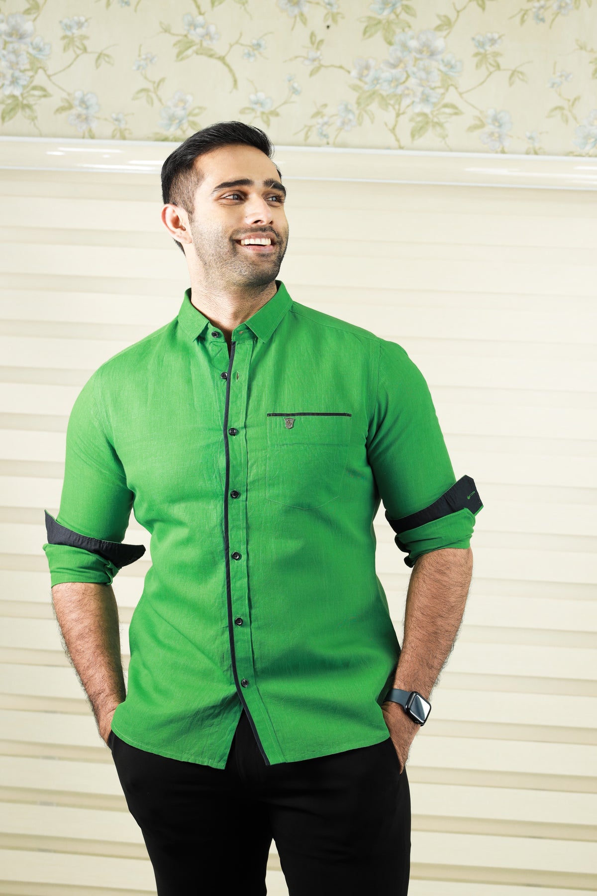Forest Green Cutaway Collar Shirt with Balck Contrast detailing on Placket, Pocket & Cuff (Only Shirt)