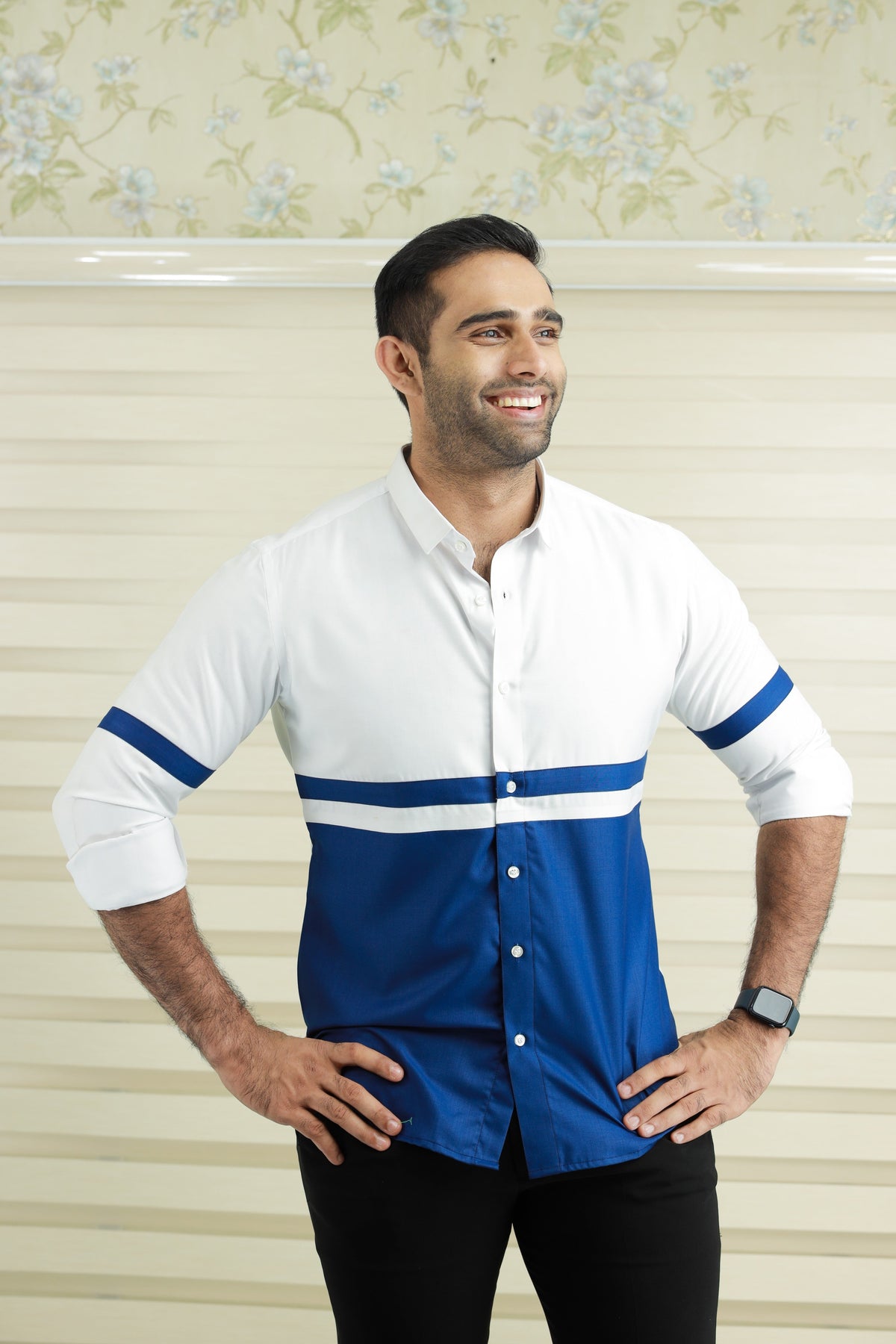 Azure Blue Two Tone Cutaway Collar Designer Shirt (Shirt + Black Pants)