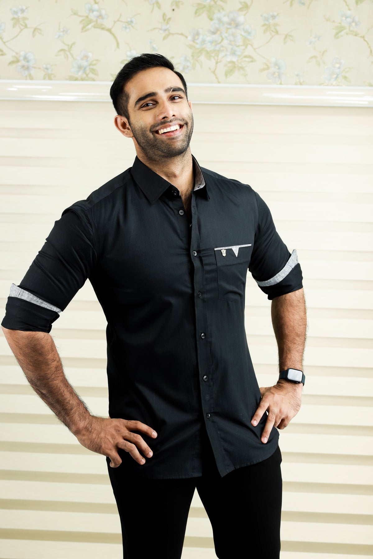 Onyx Black Cutaway Collar Shirt with Grey Detailing on Pocket & Cuff (Only Shirt)