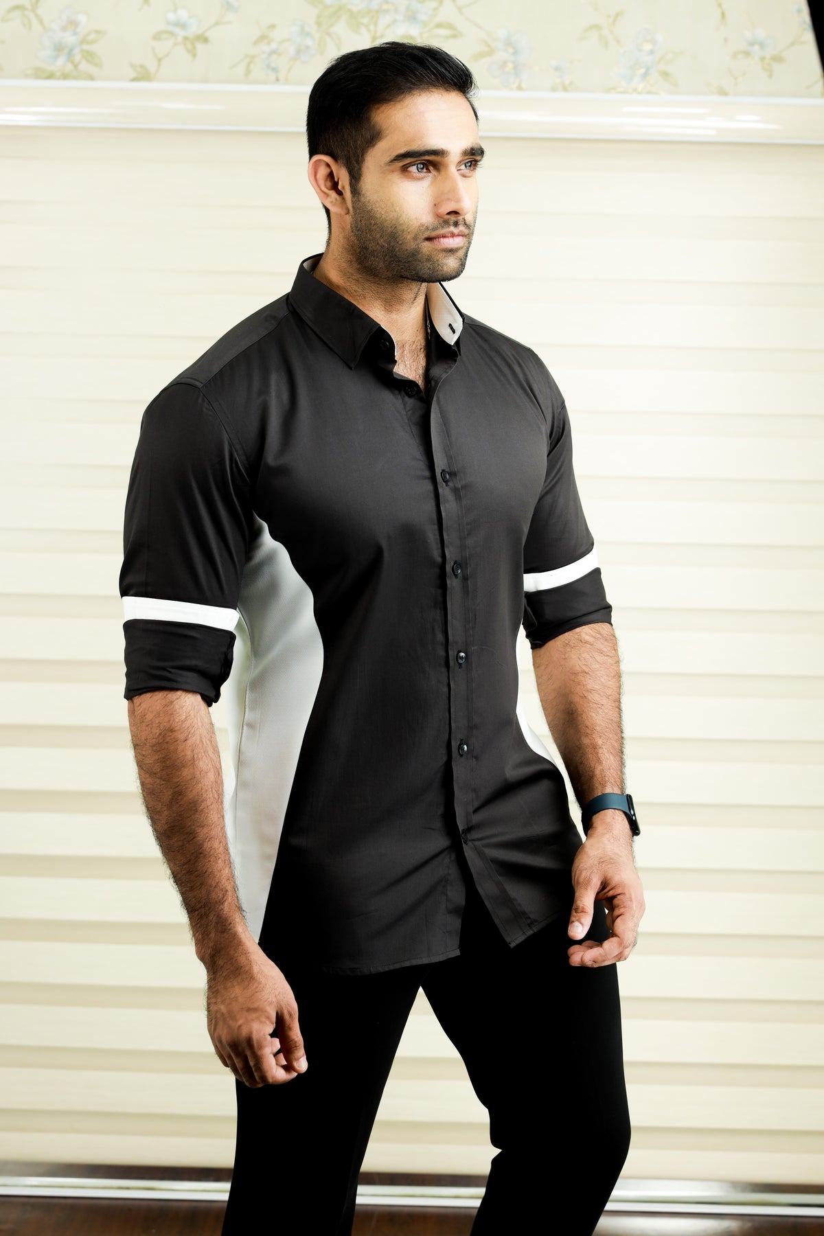 Charcoal Black Side Silhouette Cut Shirt with White Contrast Detailing (Only Shirt)