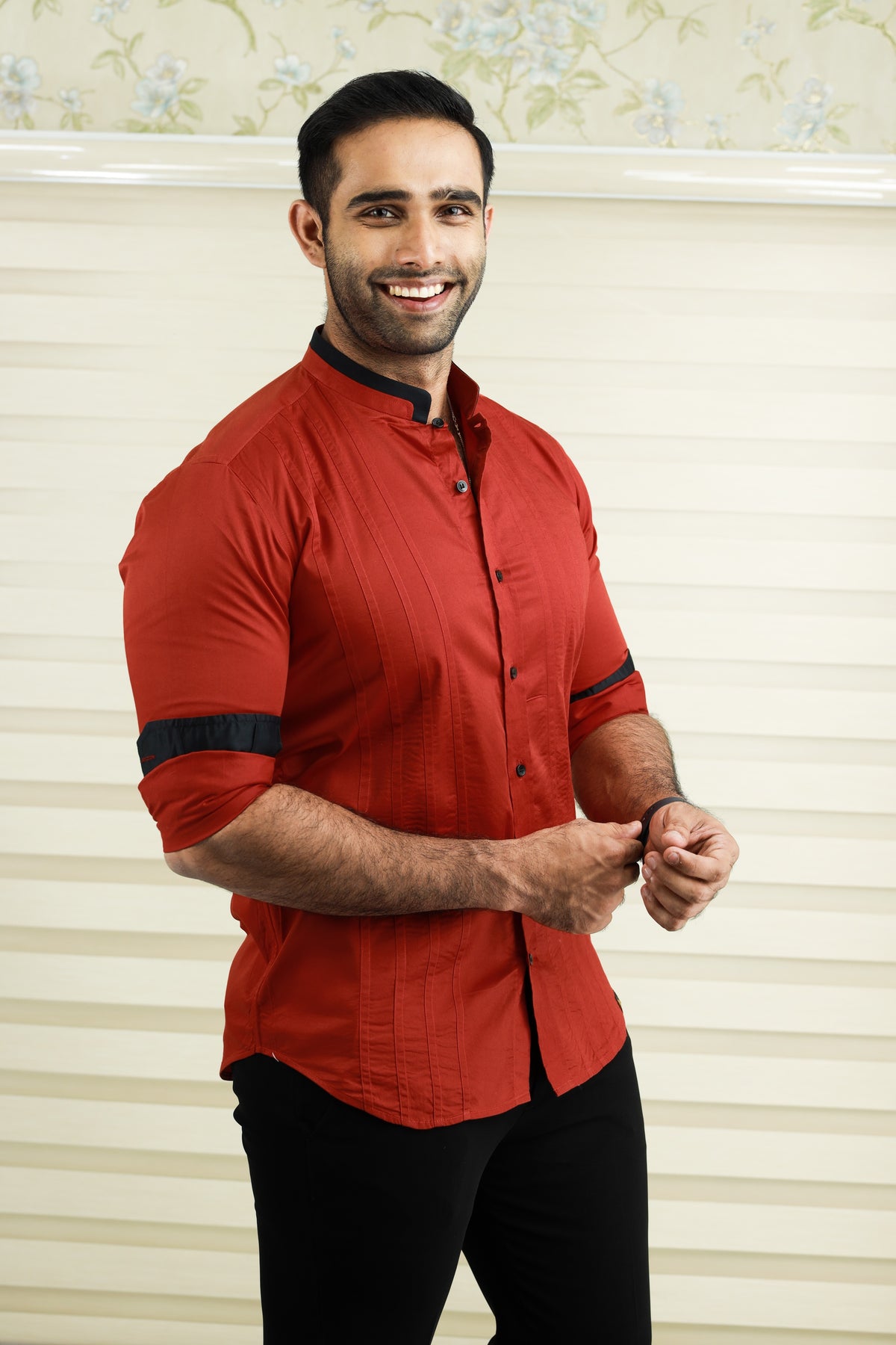 Crimson Red Chinese Collar Shirt with Black Contrast Detailing on Neck, placket & Cuff (Only Shirt)