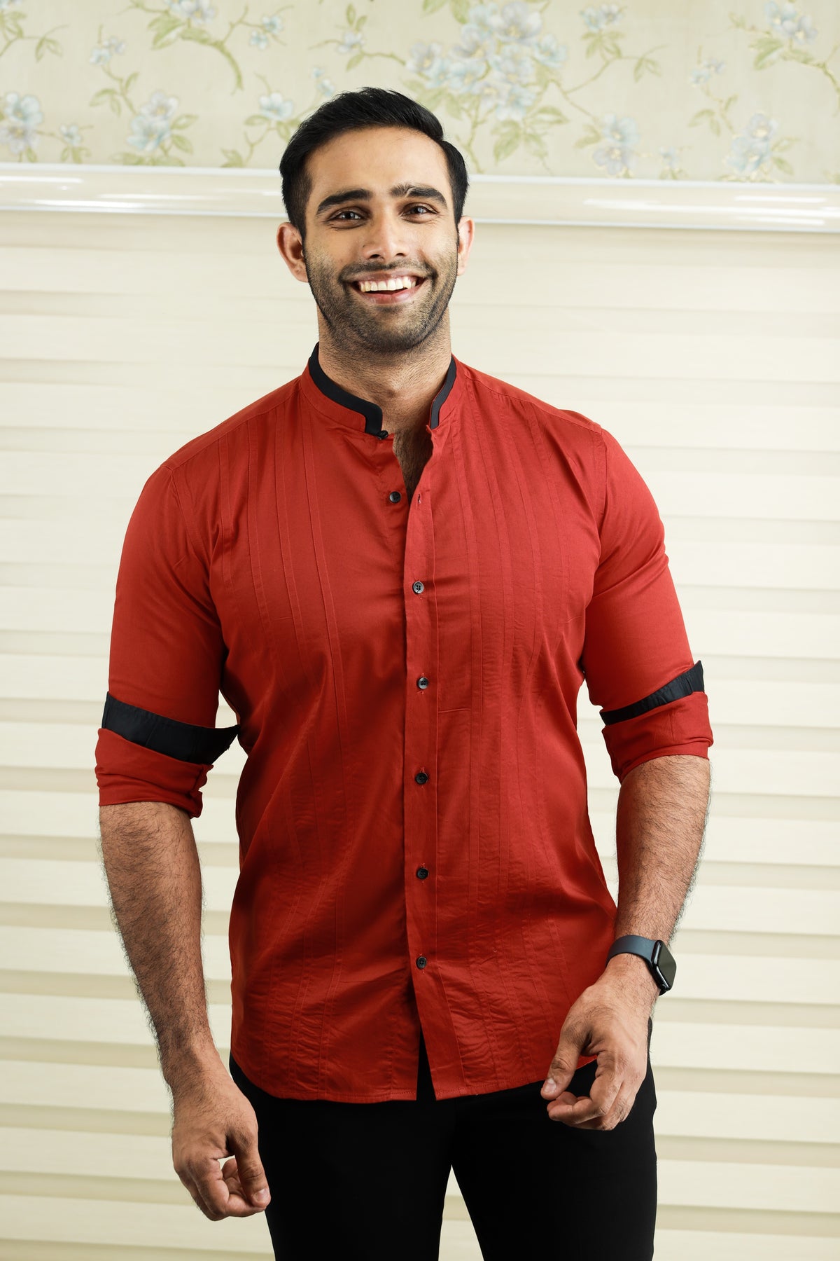 Crimson Red Chinese Collar Shirt with Black Contrast Detailing on Neck, placket & Cuff (Only Shirt)
