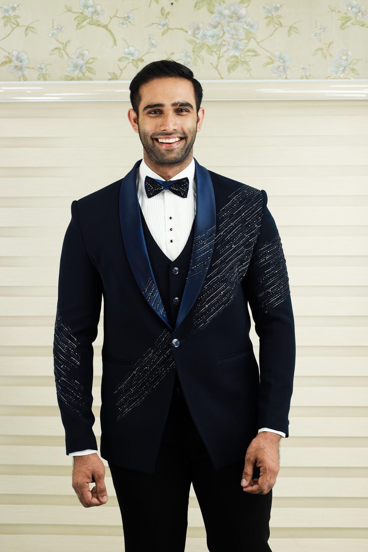 Oxford Blue 3 Piece Tuxedo Suit With Heavy Handwork Detailing (Set of 4)