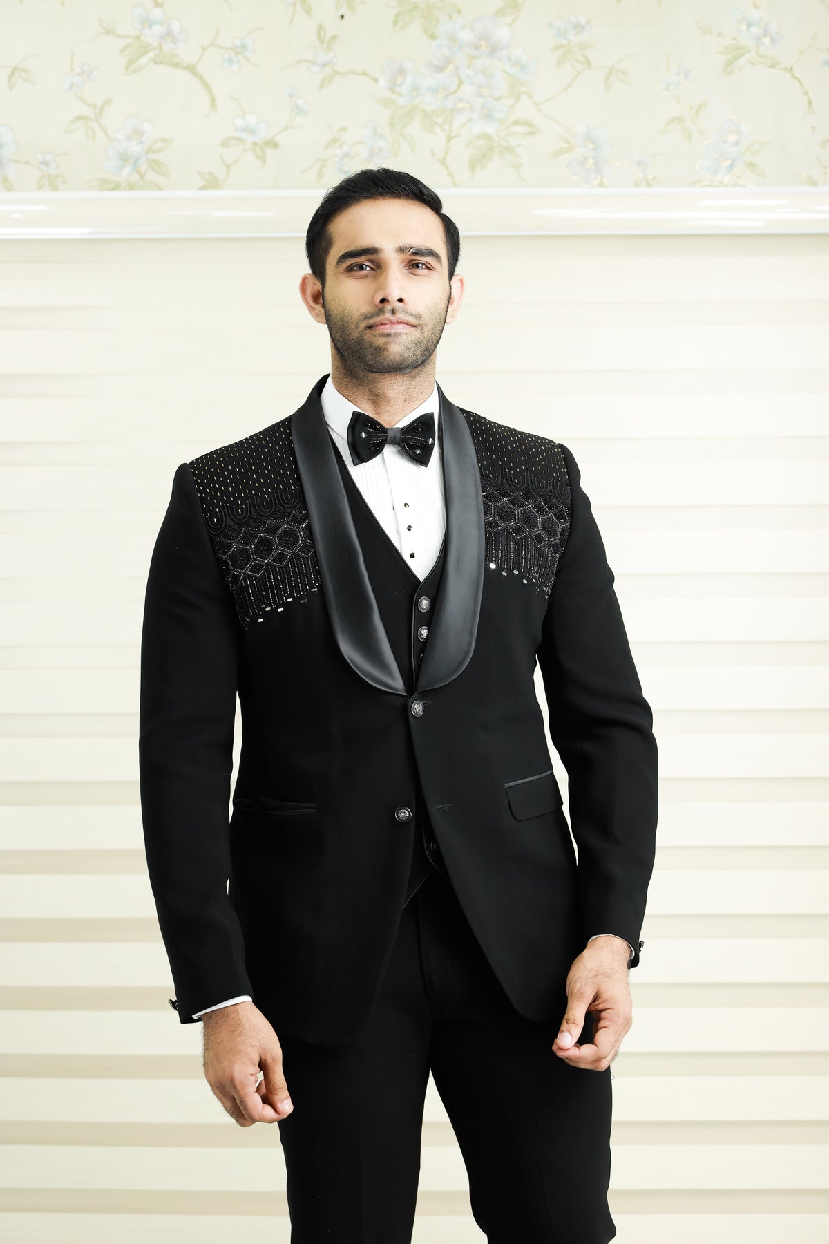 Jet Black 3 Piece Tuxedo Suit With Heavy Handwork Detailing (Set of 4)