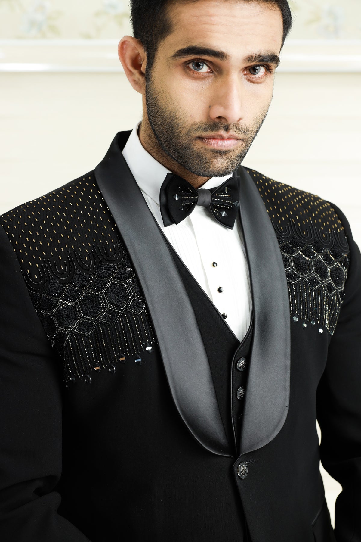 Jet Black 3 Piece Tuxedo Suit With Heavy Handwork Detailing (Set of 4)