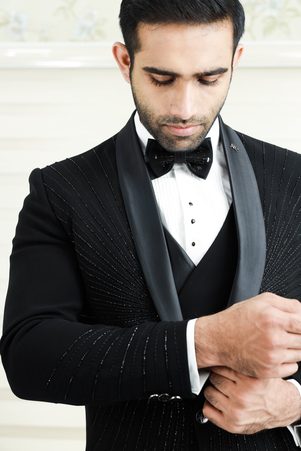 Ink Black 3 Piece Tuxedo Suit With Heavy Handwork Detailing (Set of 4)