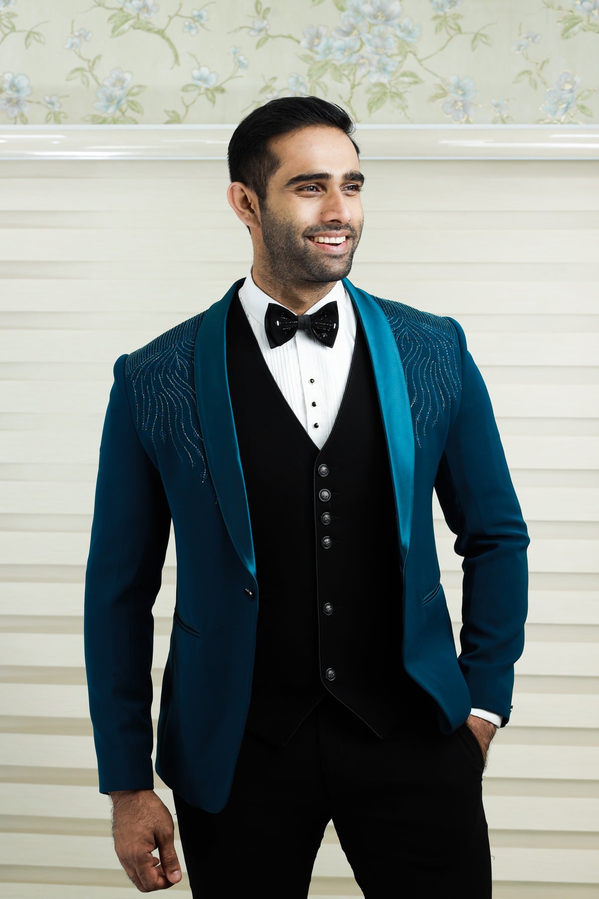 Teal Blue 3 Piece Tuxedo Suit detailied with Shoulder Embroidery paired with Contrast Black Waistcoat (Set of 4)