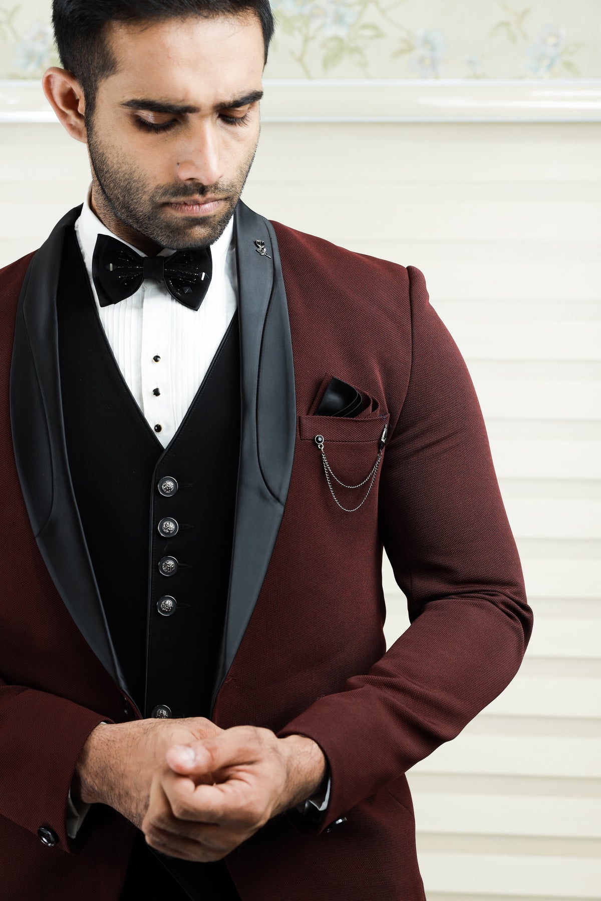 Maroon Red 3 Piece Tuxedo Suit with Black Contrast Waistcoat & Pants (Set of 4)
