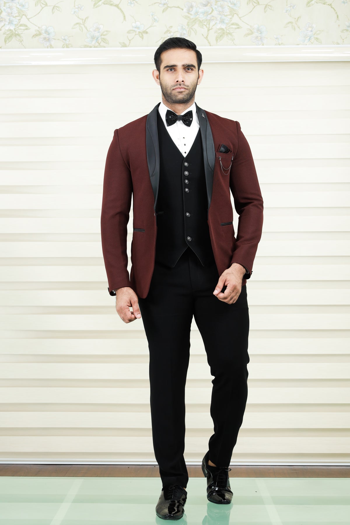 Maroon Red 3 Piece Tuxedo Suit with Black Contrast Waistcoat & Pants (Set of 4)